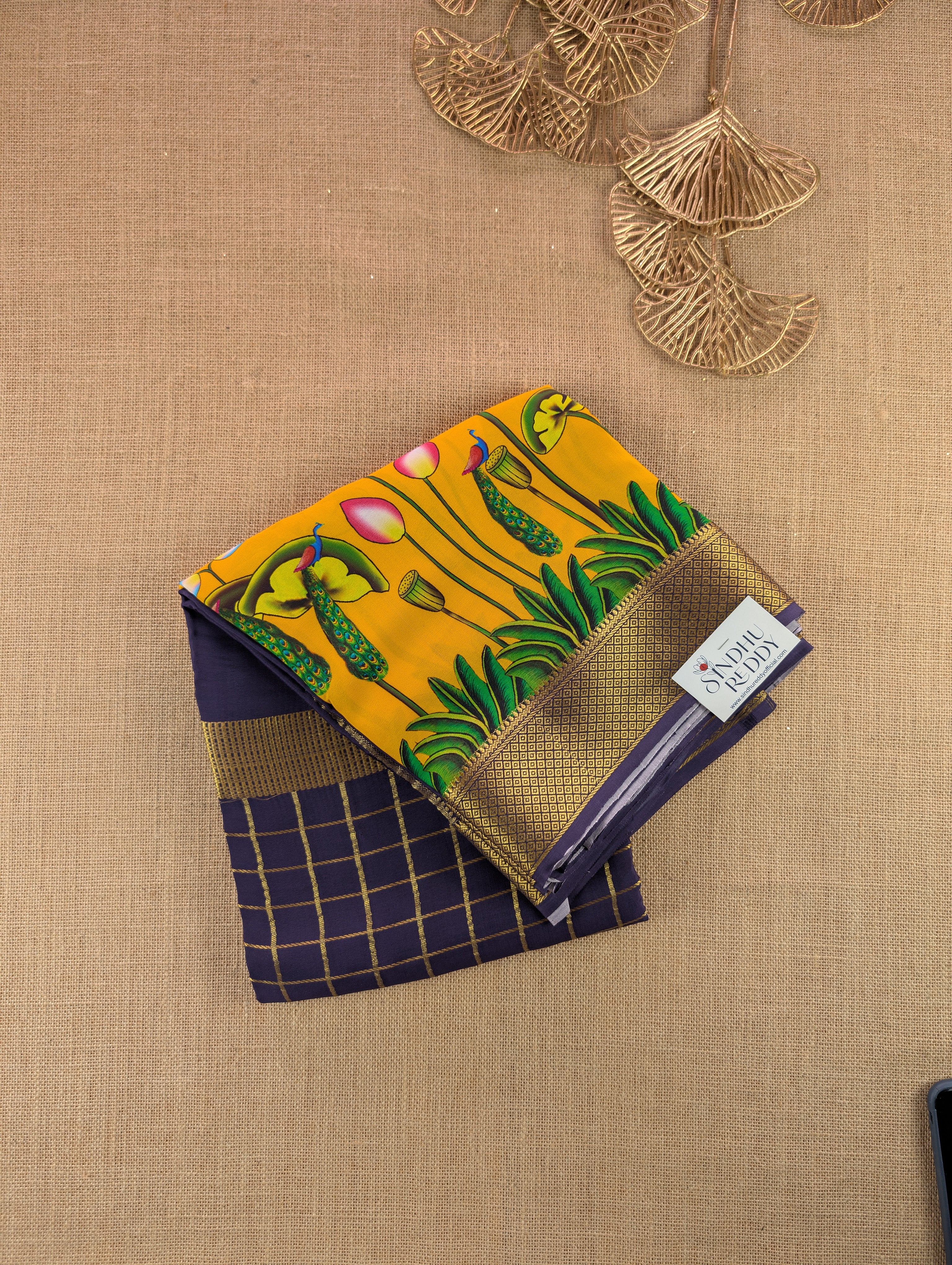 Pure Mysore Silk Crepe -  Purple with Yellow Printed Border