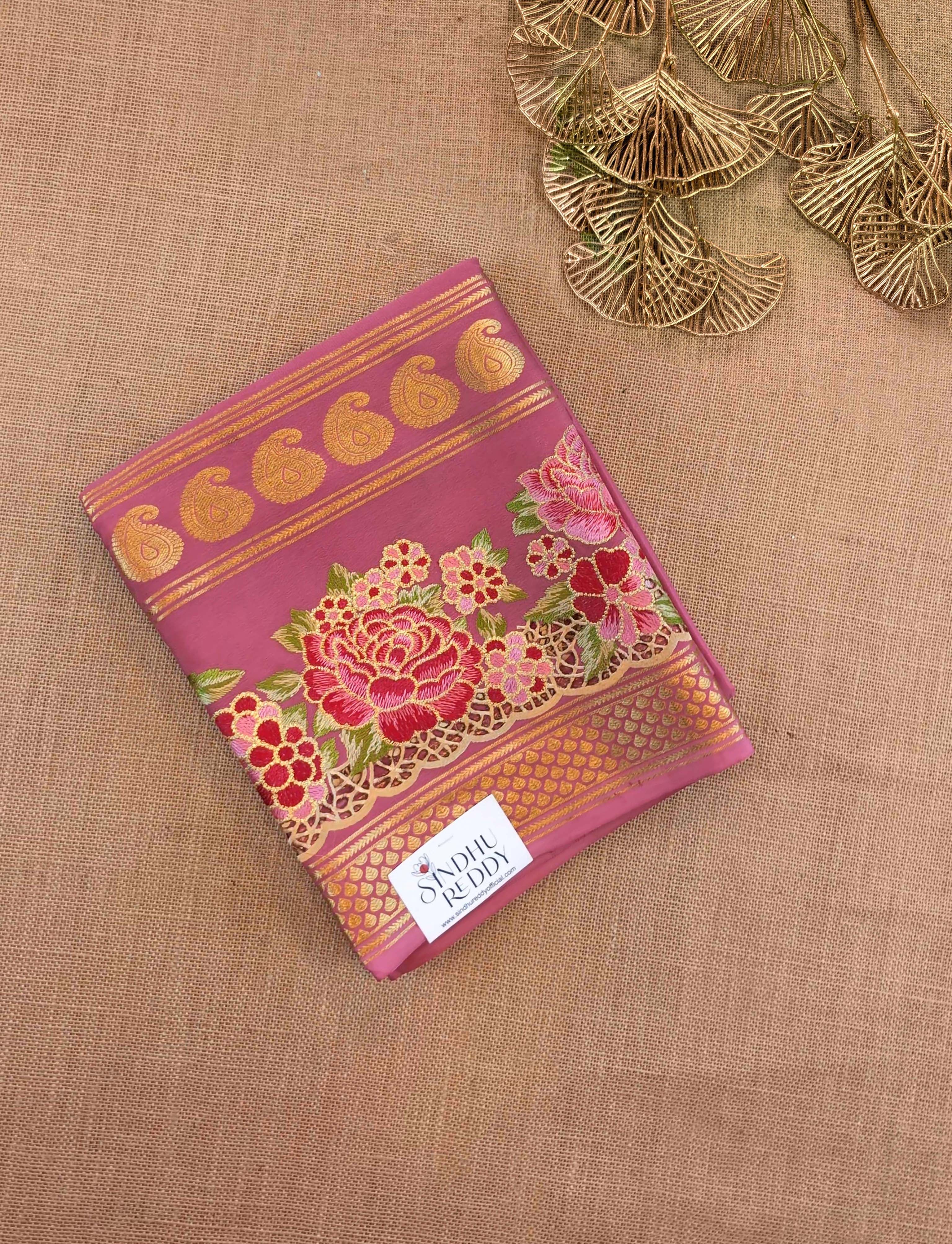 Pure Mysore Silk Crepe - Peach Floral Embroidery with Cut Work