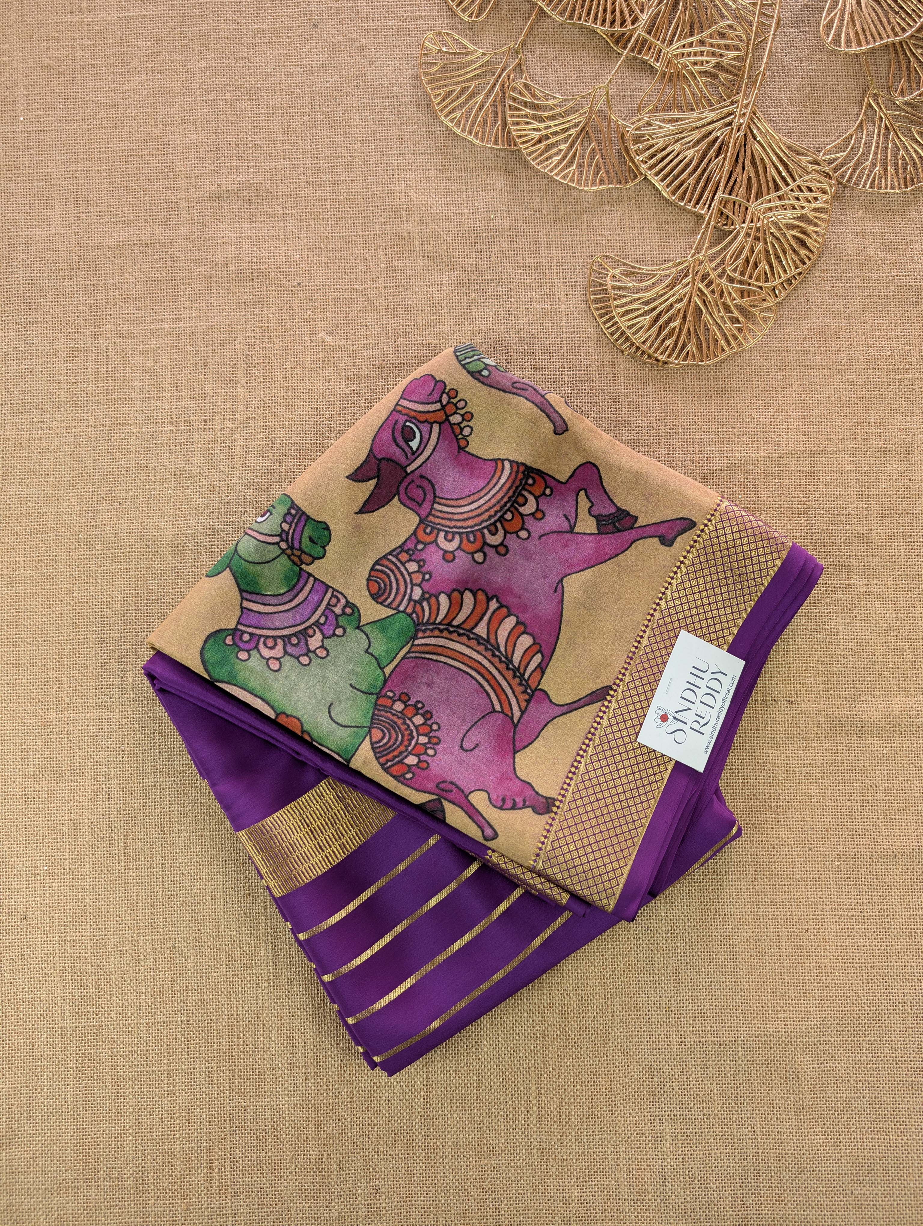 Pure Mysore Silk Crepe -  Purple with Printed Half Border