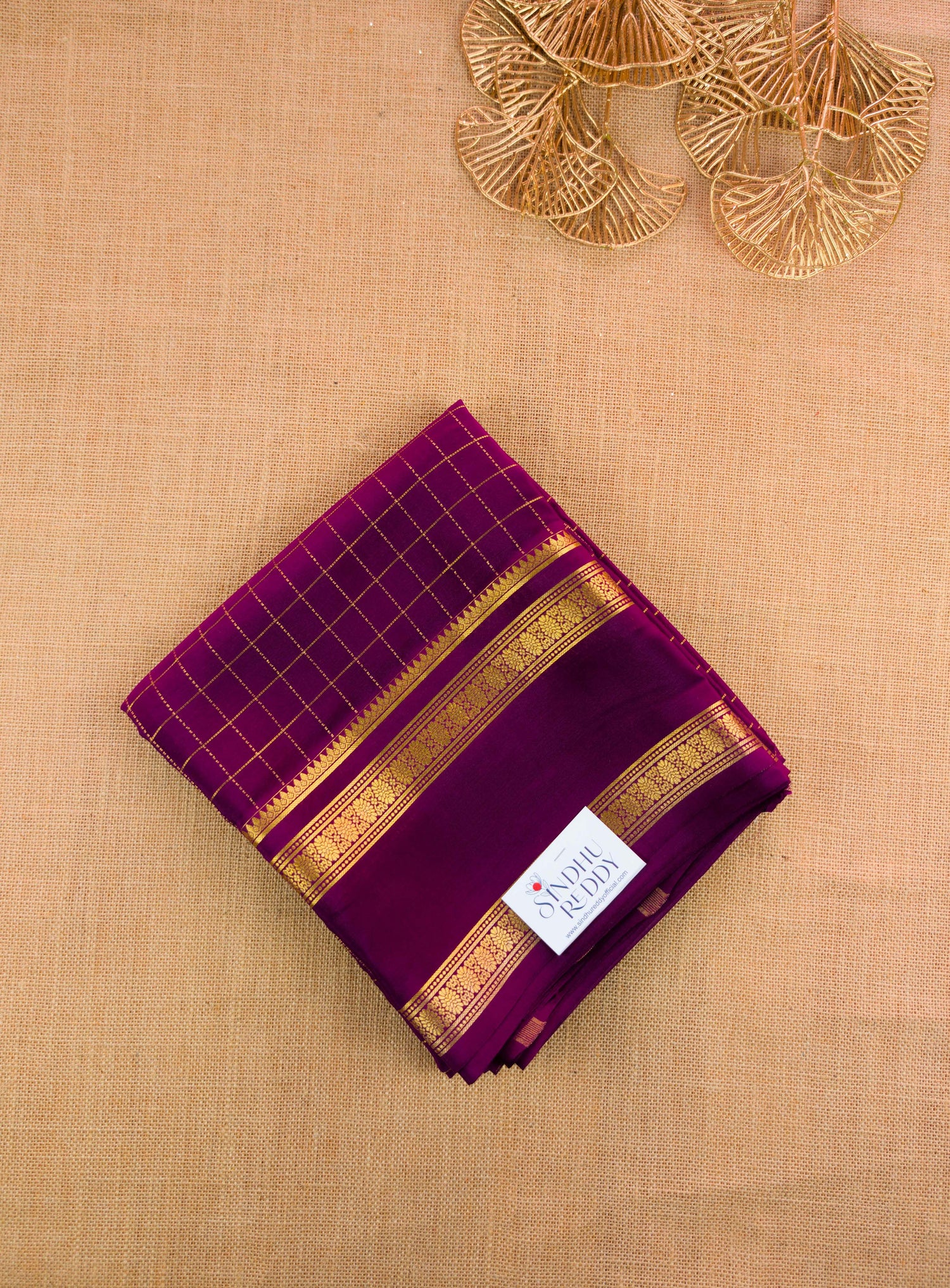 Pure Mysore Silk Crepe - Wine with zari checks and gap border