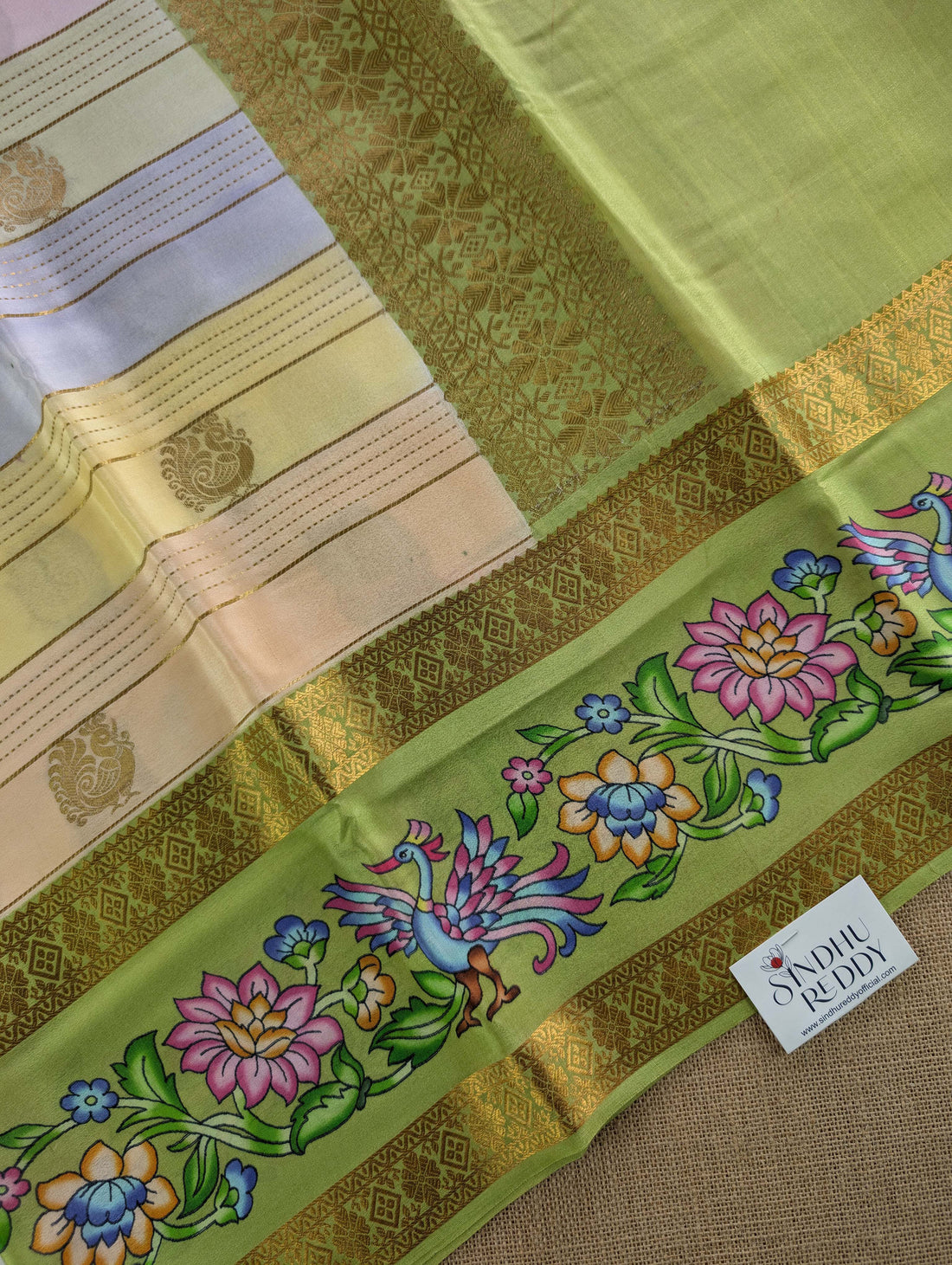 Pure Mysore Silk Crepe -  Multicolor horizontal stripes with Printed Border