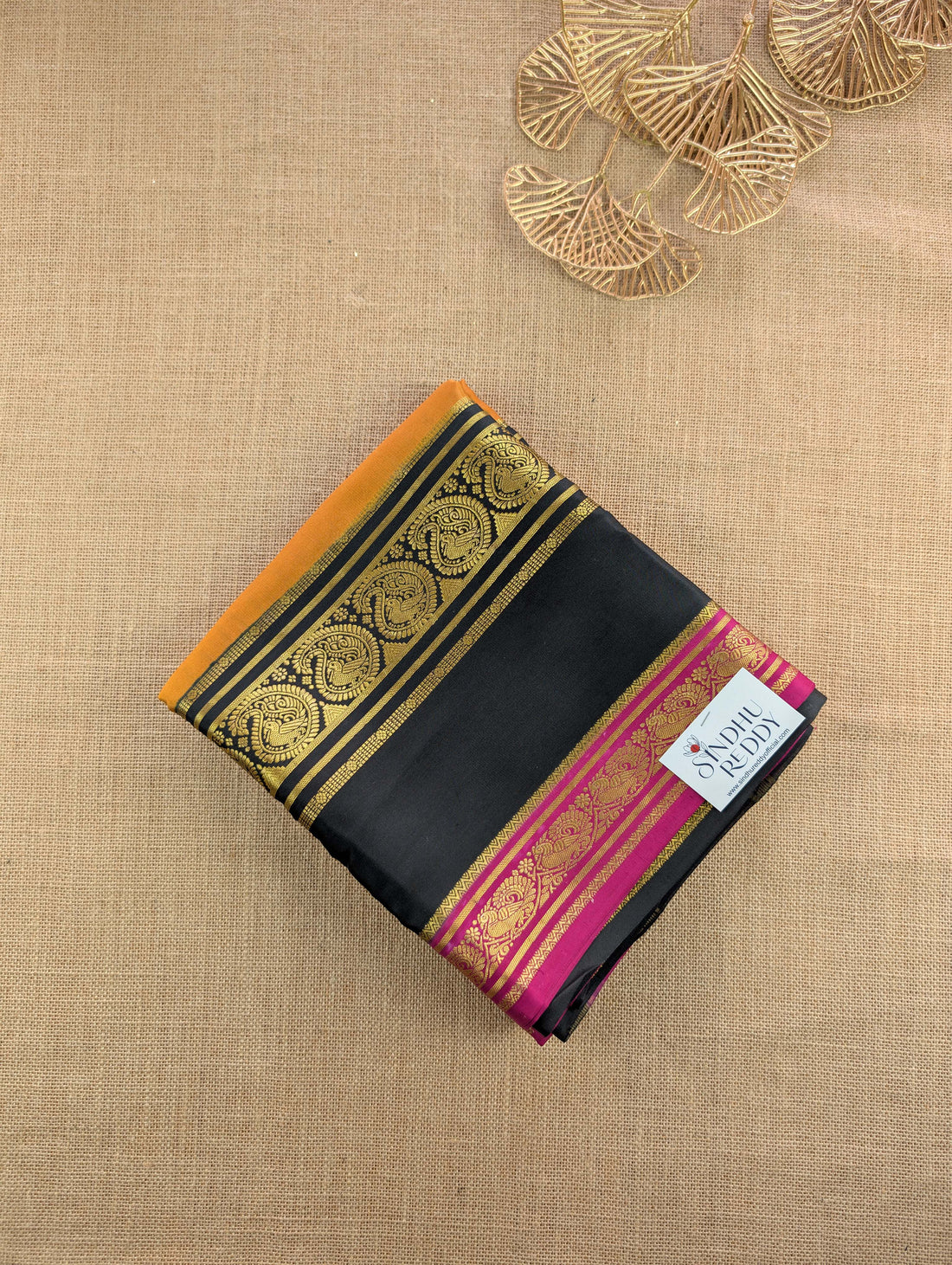 Pure Mysore Silk Crepe - Brownish Orange with Black &amp; Pink 3D Pattern