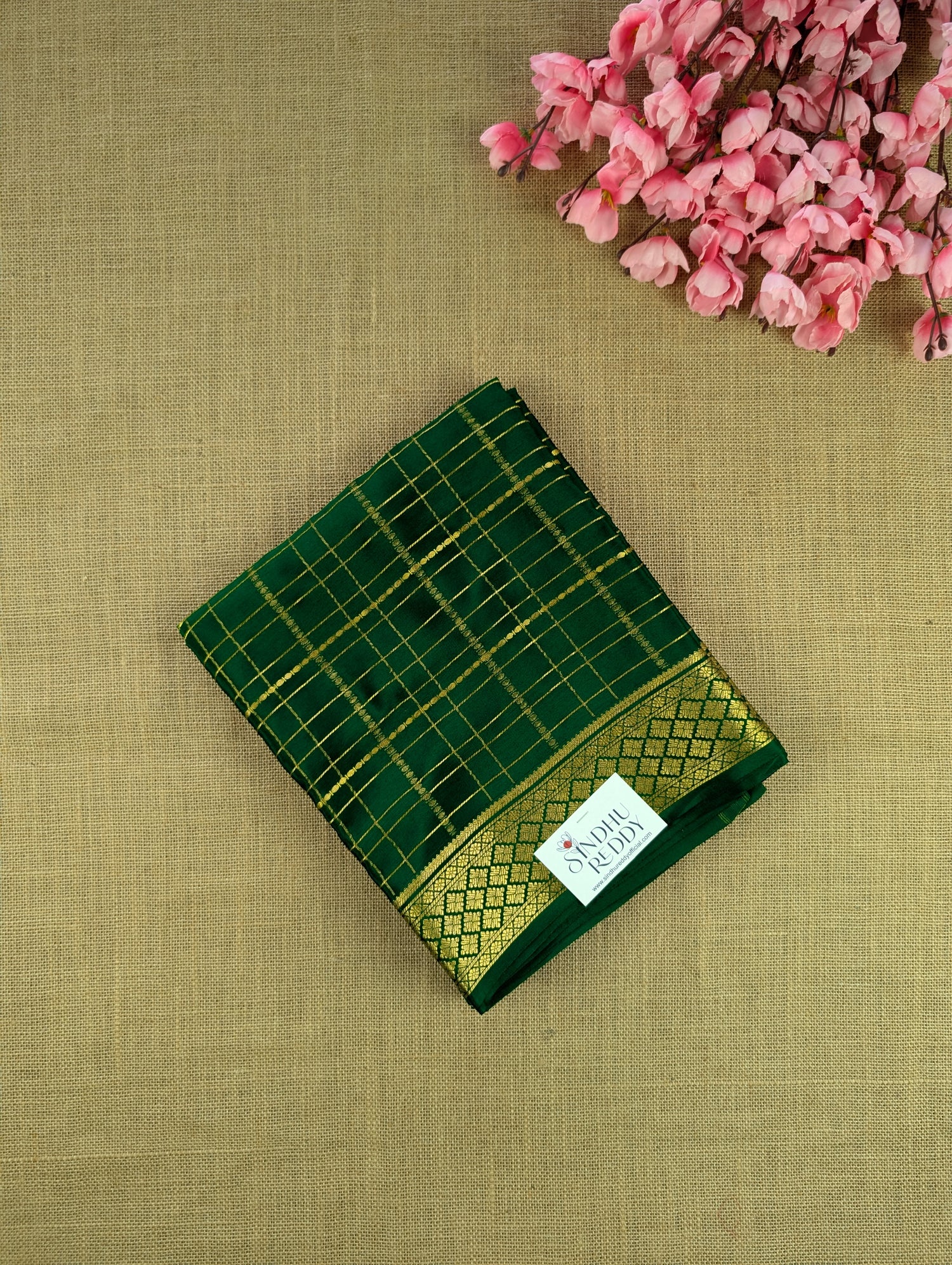 Pure Mysore Silk Crepe - Green with zari checks and border