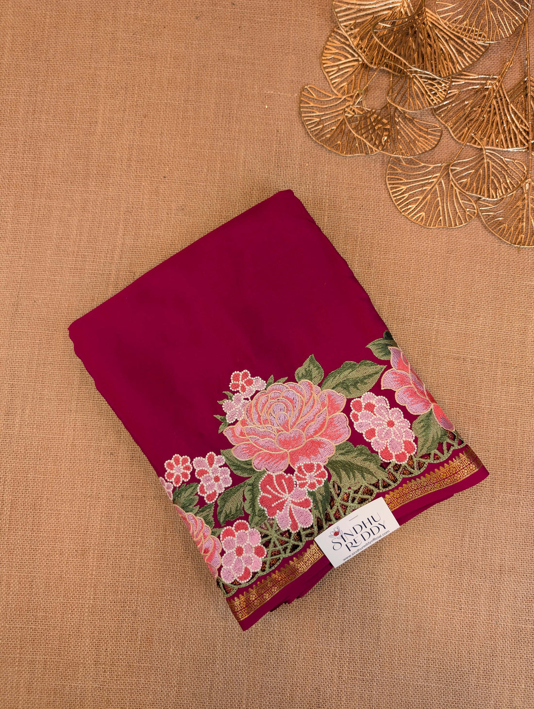 Pure Mysore Silk Crepe - Dark Pink Floral Embroidery with Cut Work