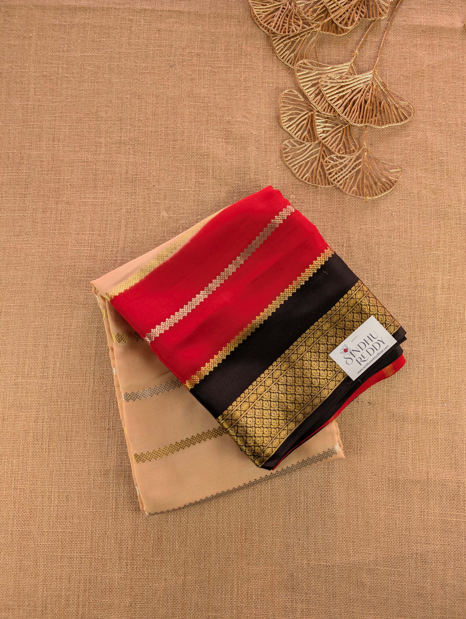 Pure Mysore Silk Crepe - Light Brown with Red &amp; Black 3D Pattern