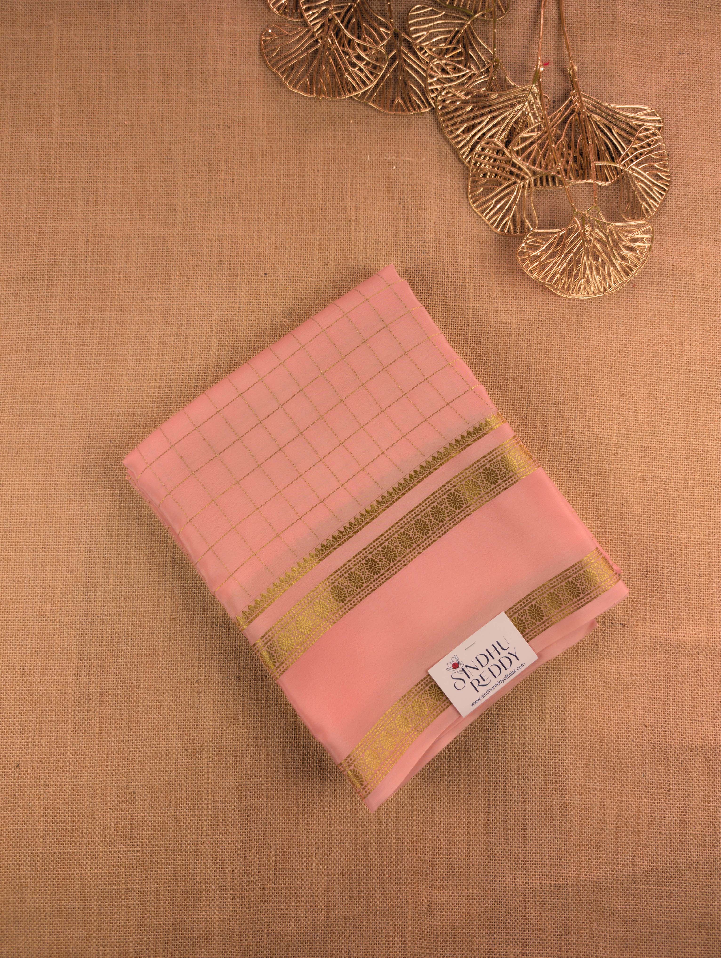 Pure Mysore Silk Crepe - Peach with zari checks and gap border