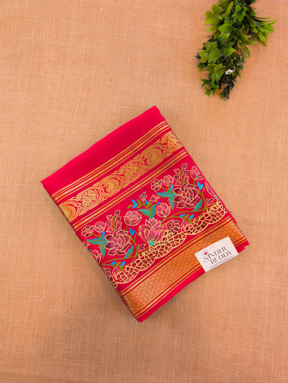 Pure Mysore Silk Crepe - Red Floral Embroidery with Cut Work