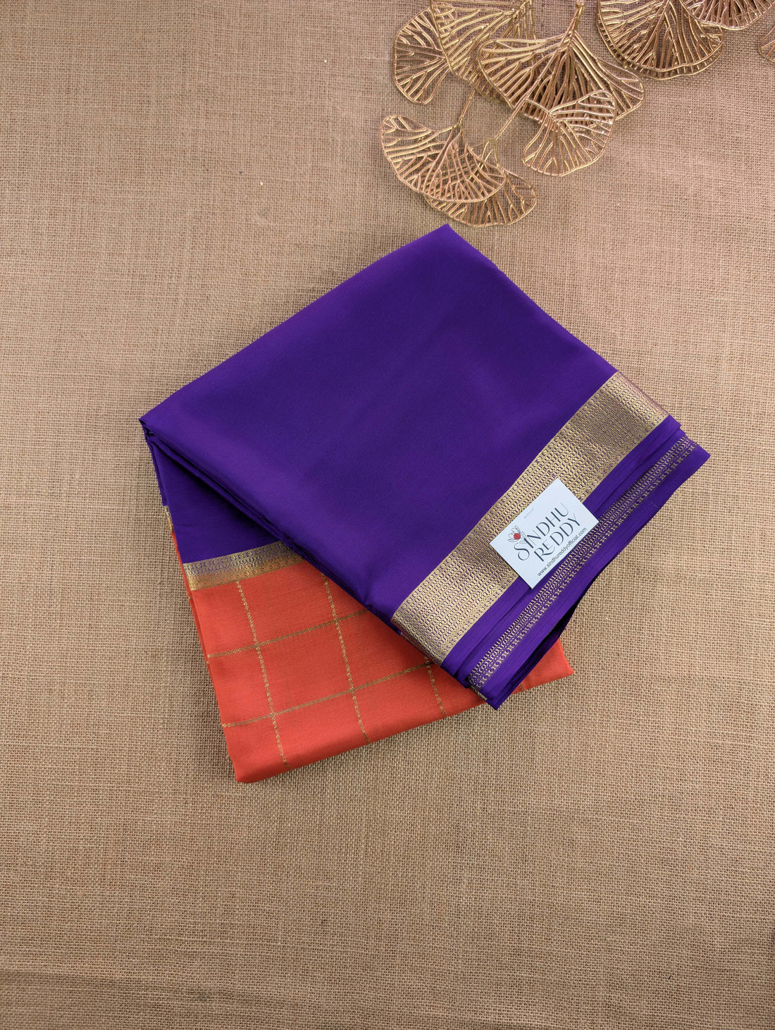 Pure Mysore Silk Crepe - Orange with Purple