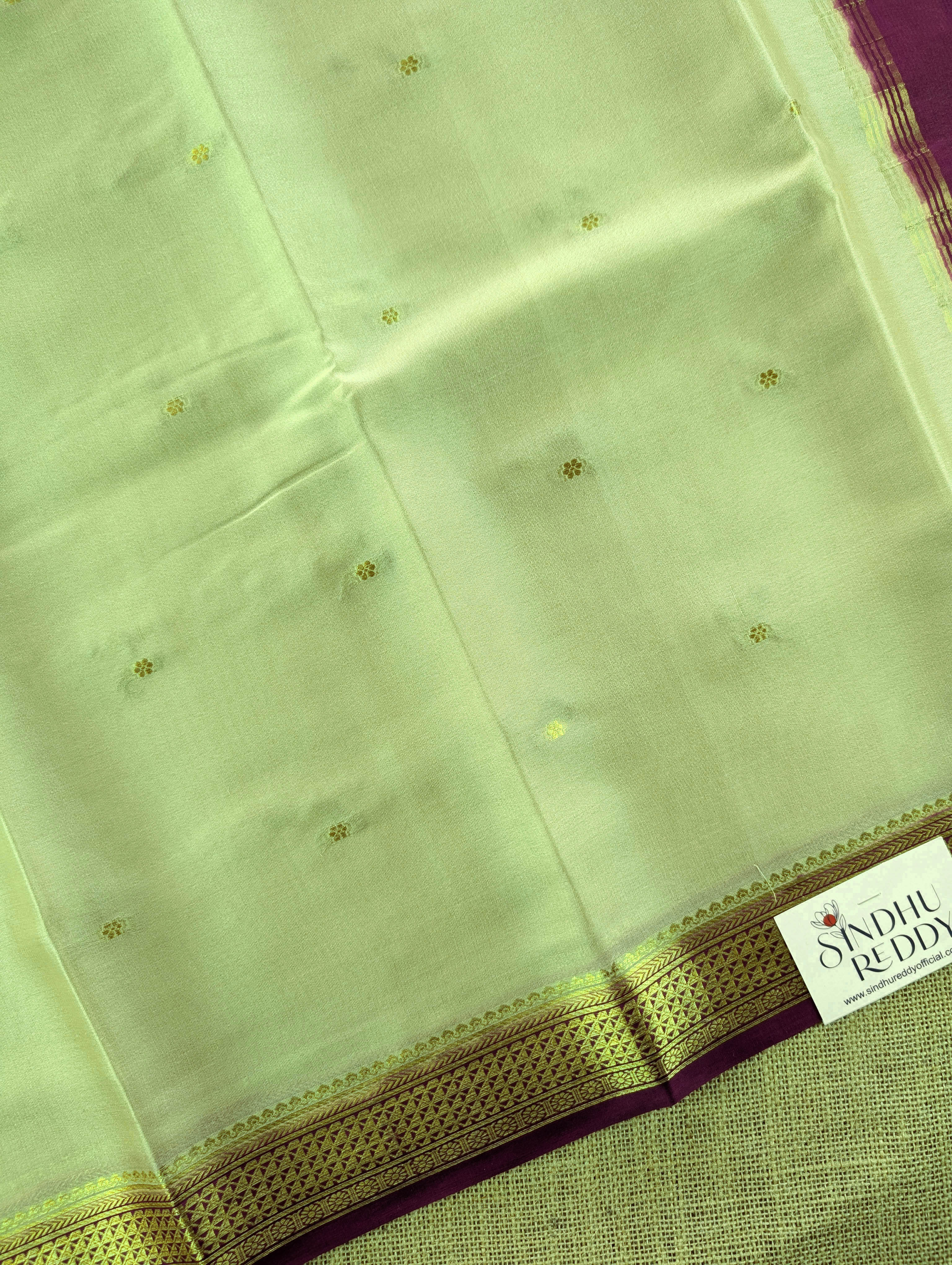 Pure Mysore Silk Crepe - Pista Green with Purple