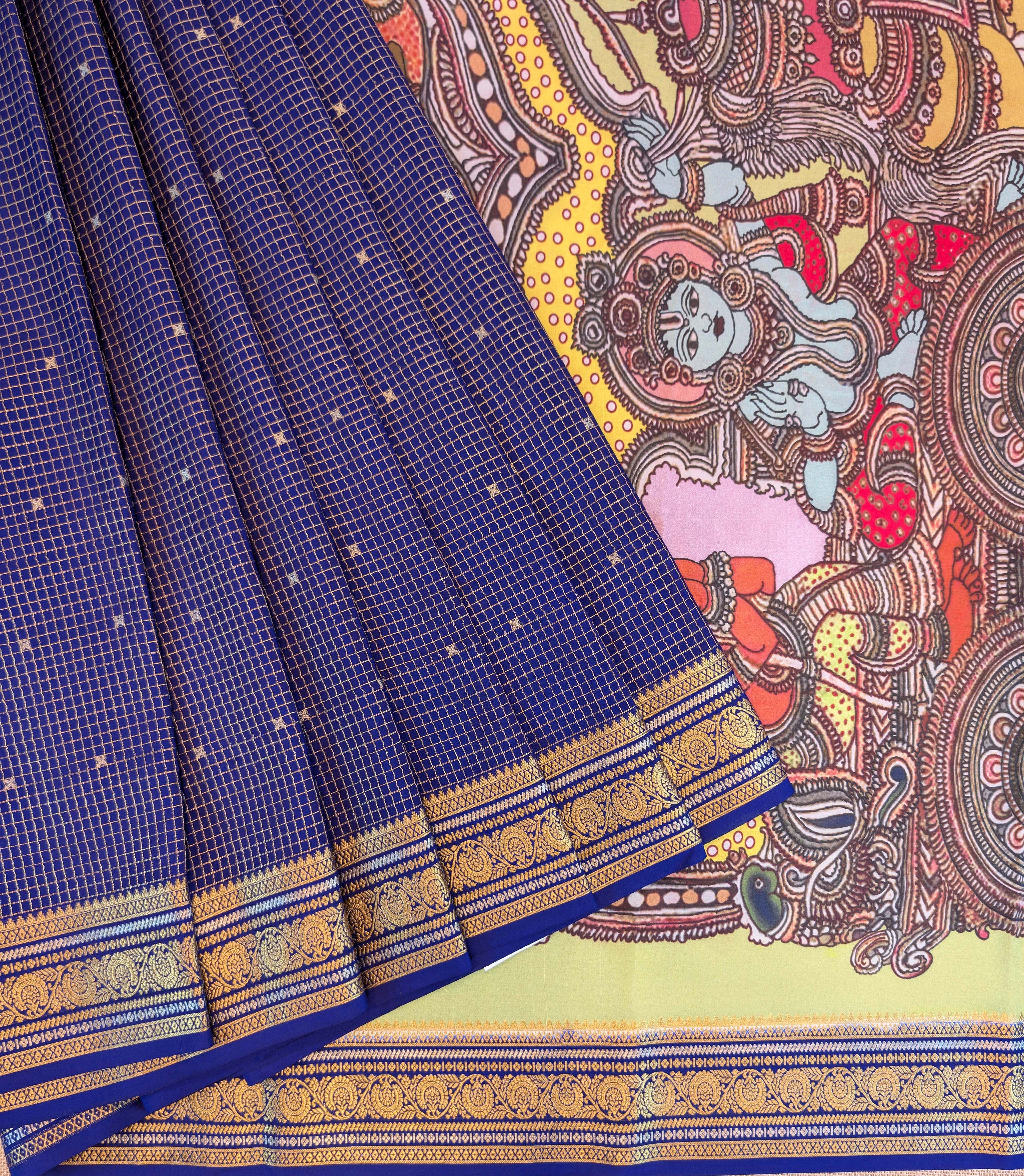 Pure Mysore Silk Crepe - Deep Blue with Printed Pallu