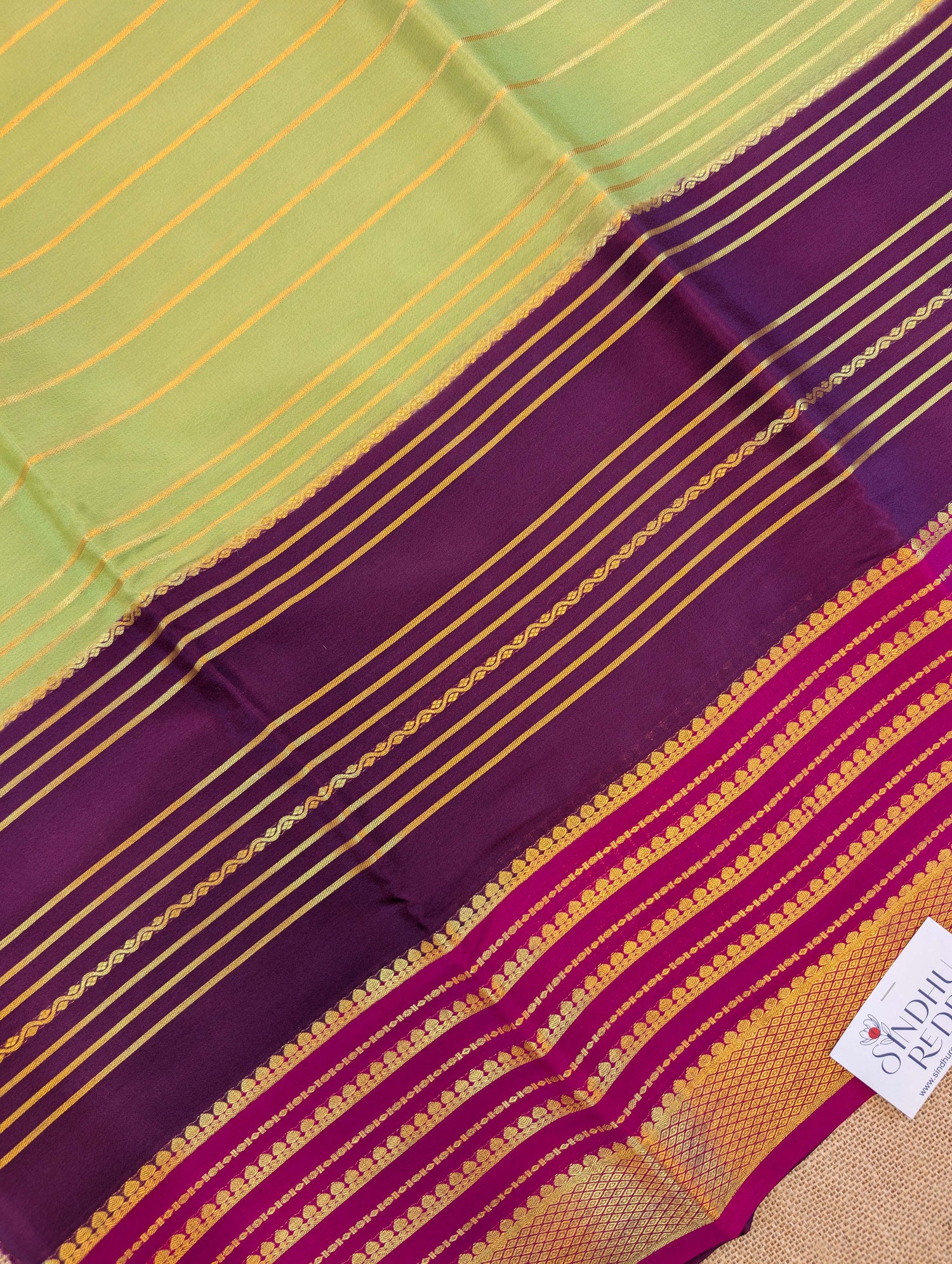 Pure Mysore Silk Crepe - Parrot Green with Chocolate Brown &amp; Pink