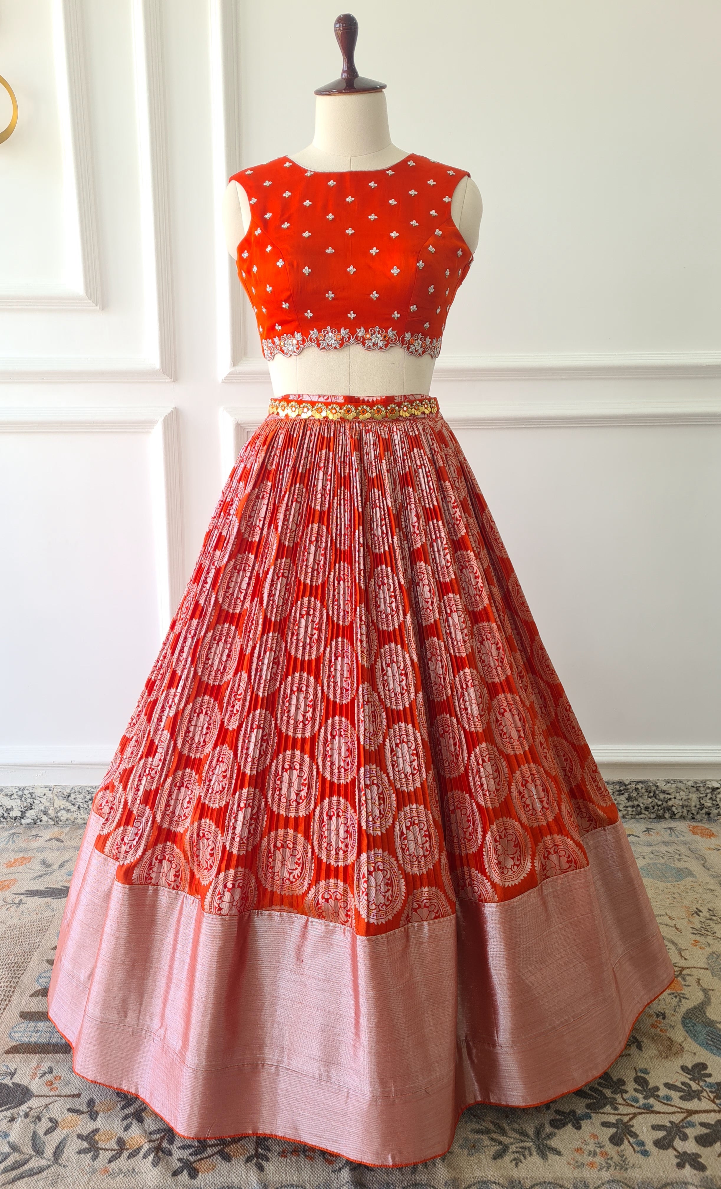 Orange Kanchipuram Crop Top Skirt