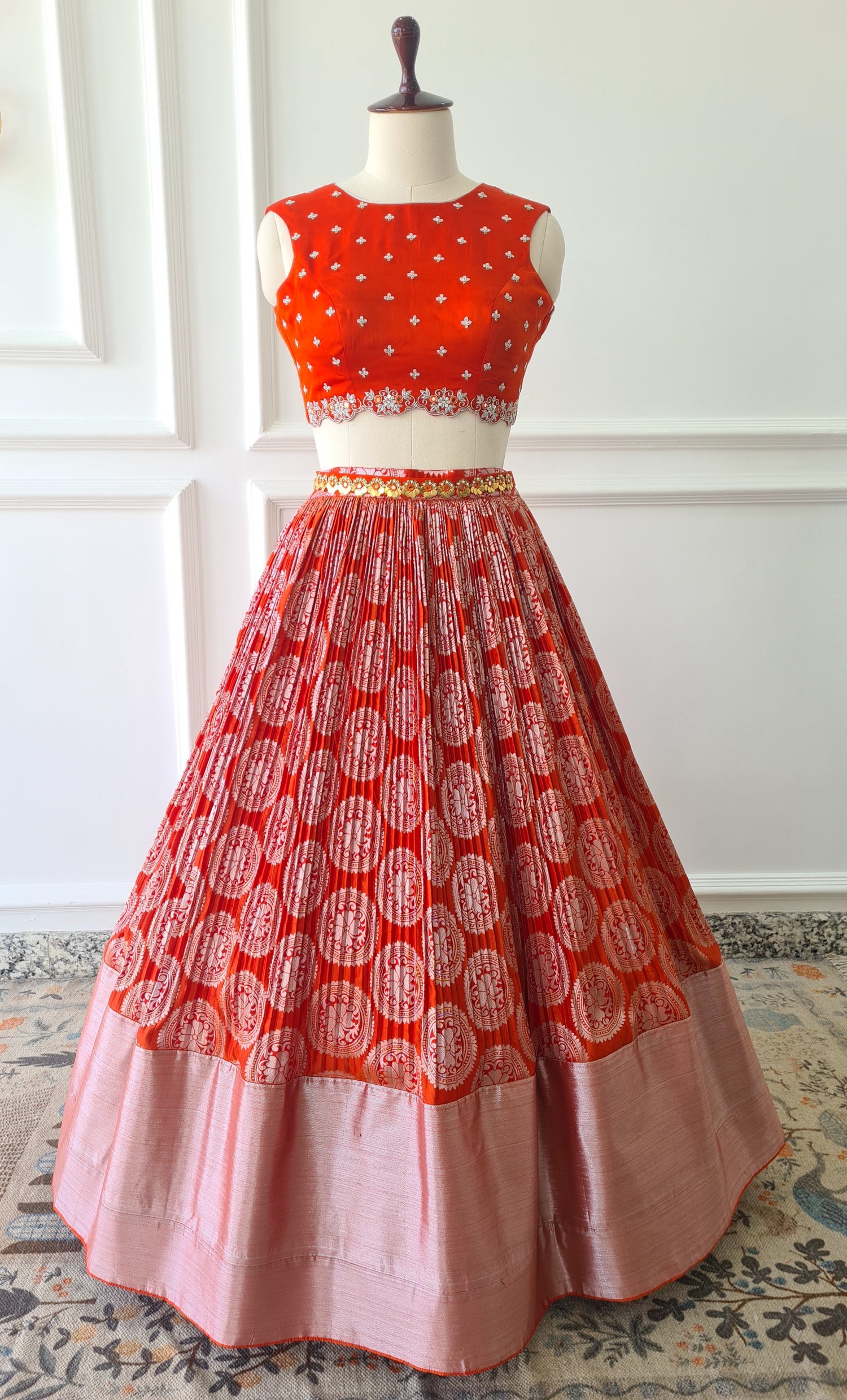 Orange Kanchipuram Crop Top Skirt