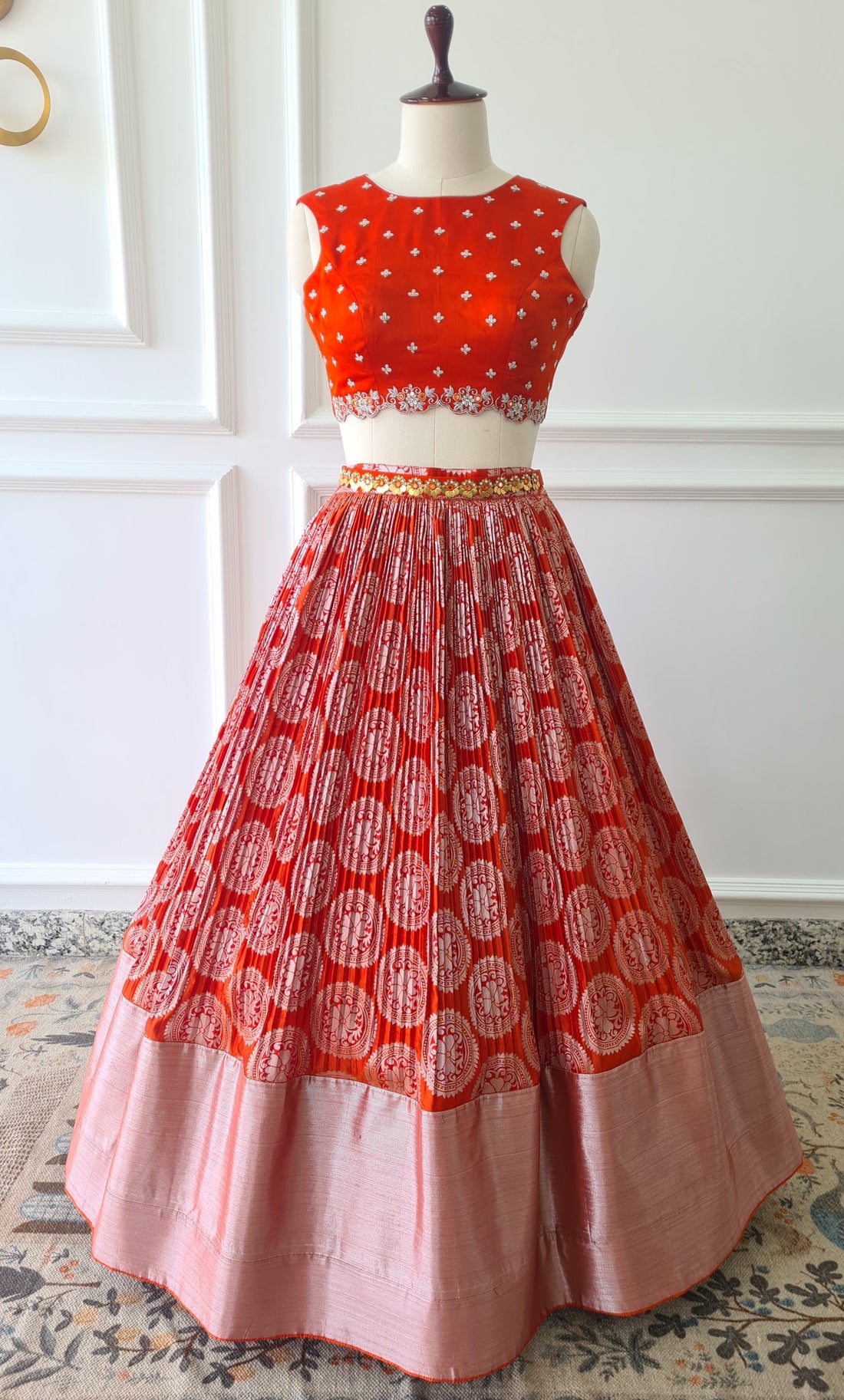 Orange Kanchipuram Crop Top Skirt