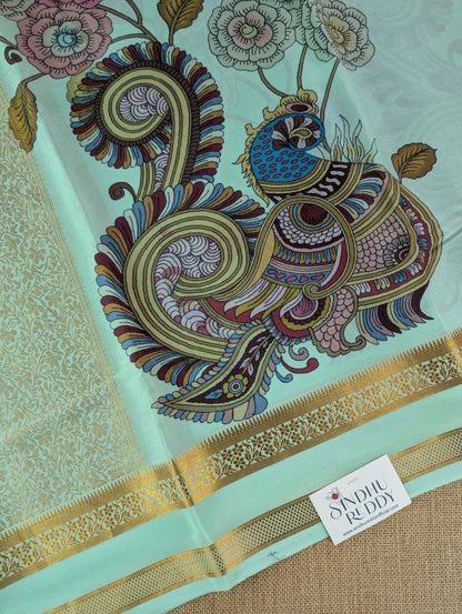 Pure Mysore Silk Crepe -  Summer Green with Placement Design