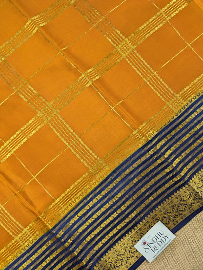 Pure Mysore Silk Crepe - Yellowish Orange with Blue