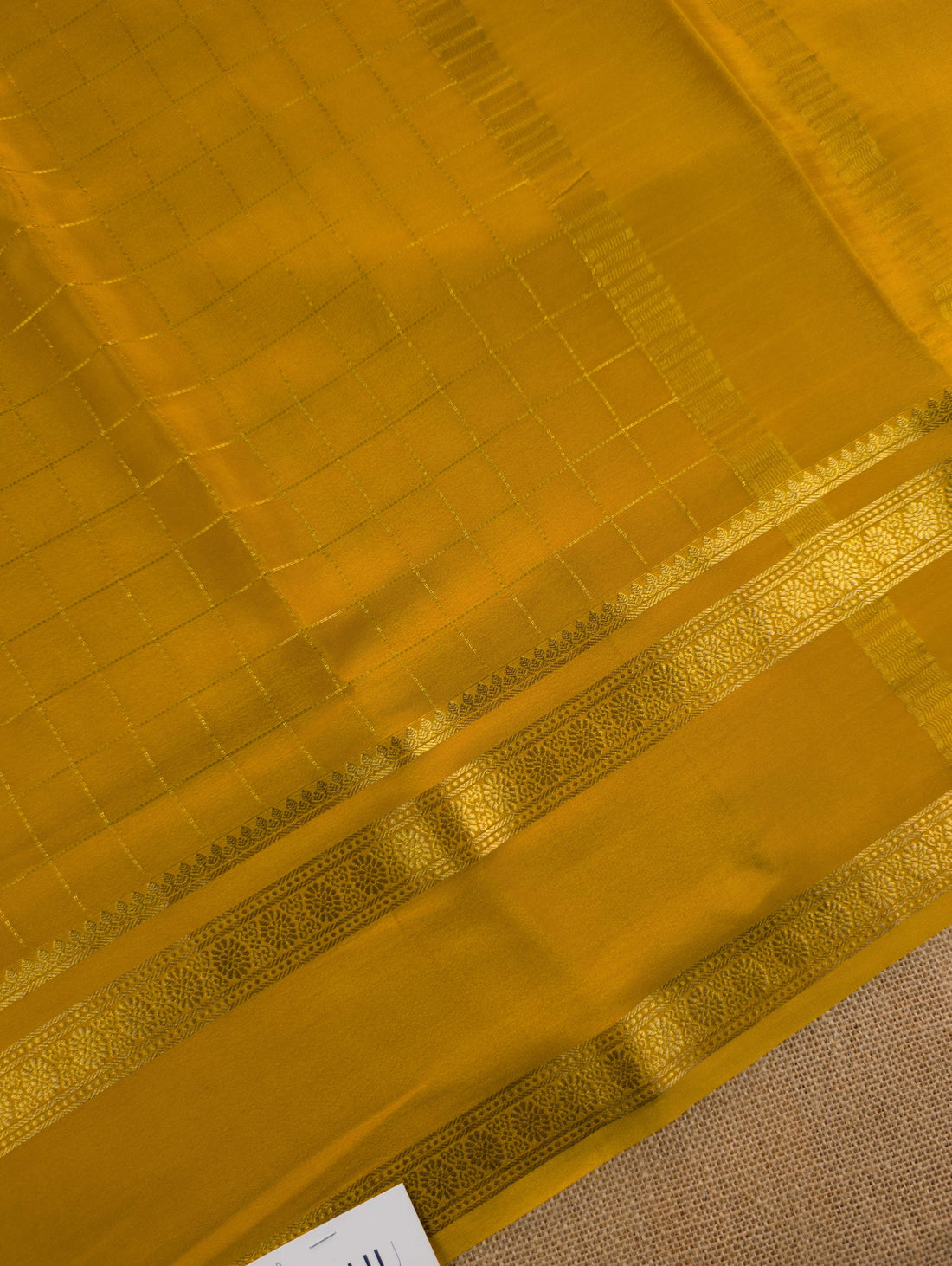 Pure Mysore Silk Crepe - Mustard with zari checks and gap border