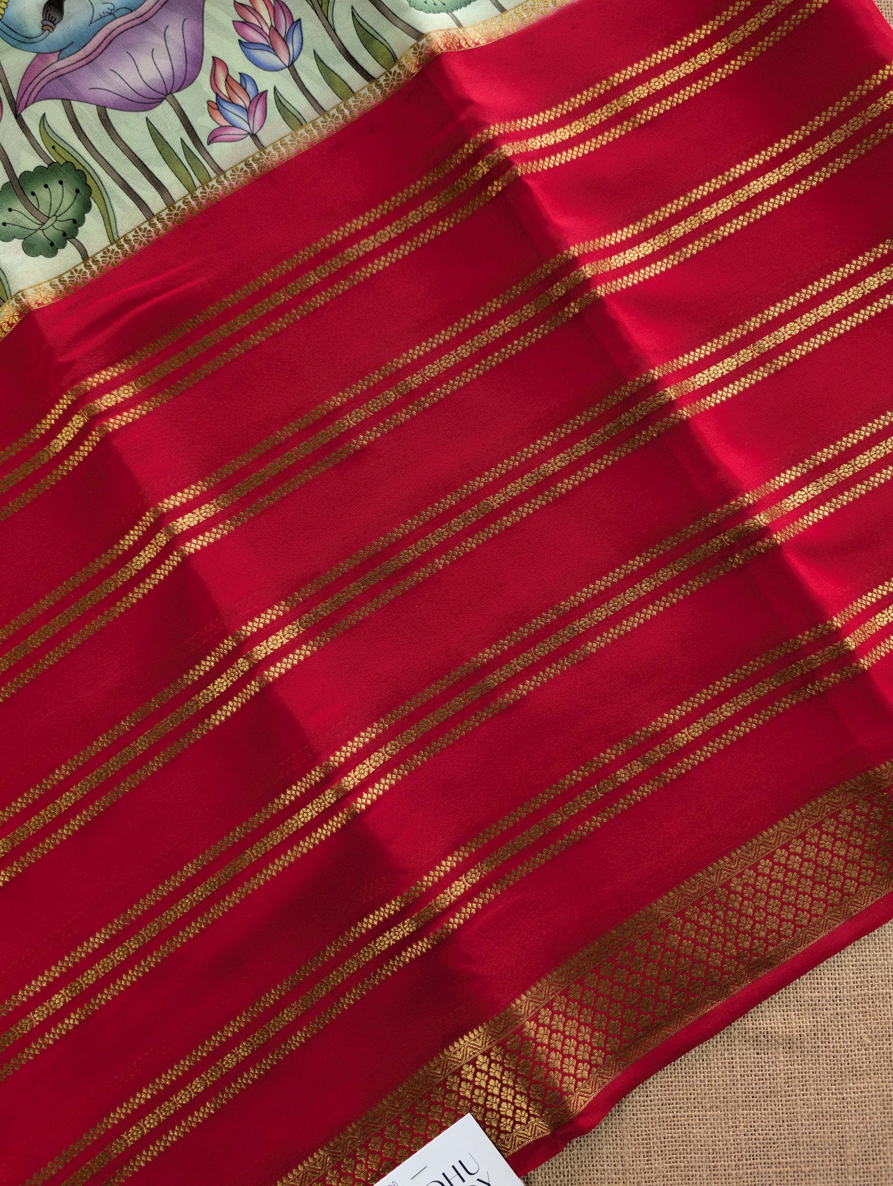 Pure Mysore Silk Crepe -  Red with Summer Green Printed Base