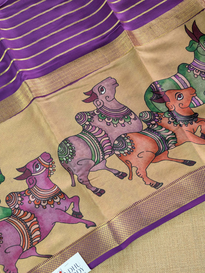 Pure Mysore Silk Crepe -  Purple with Printed Half Border