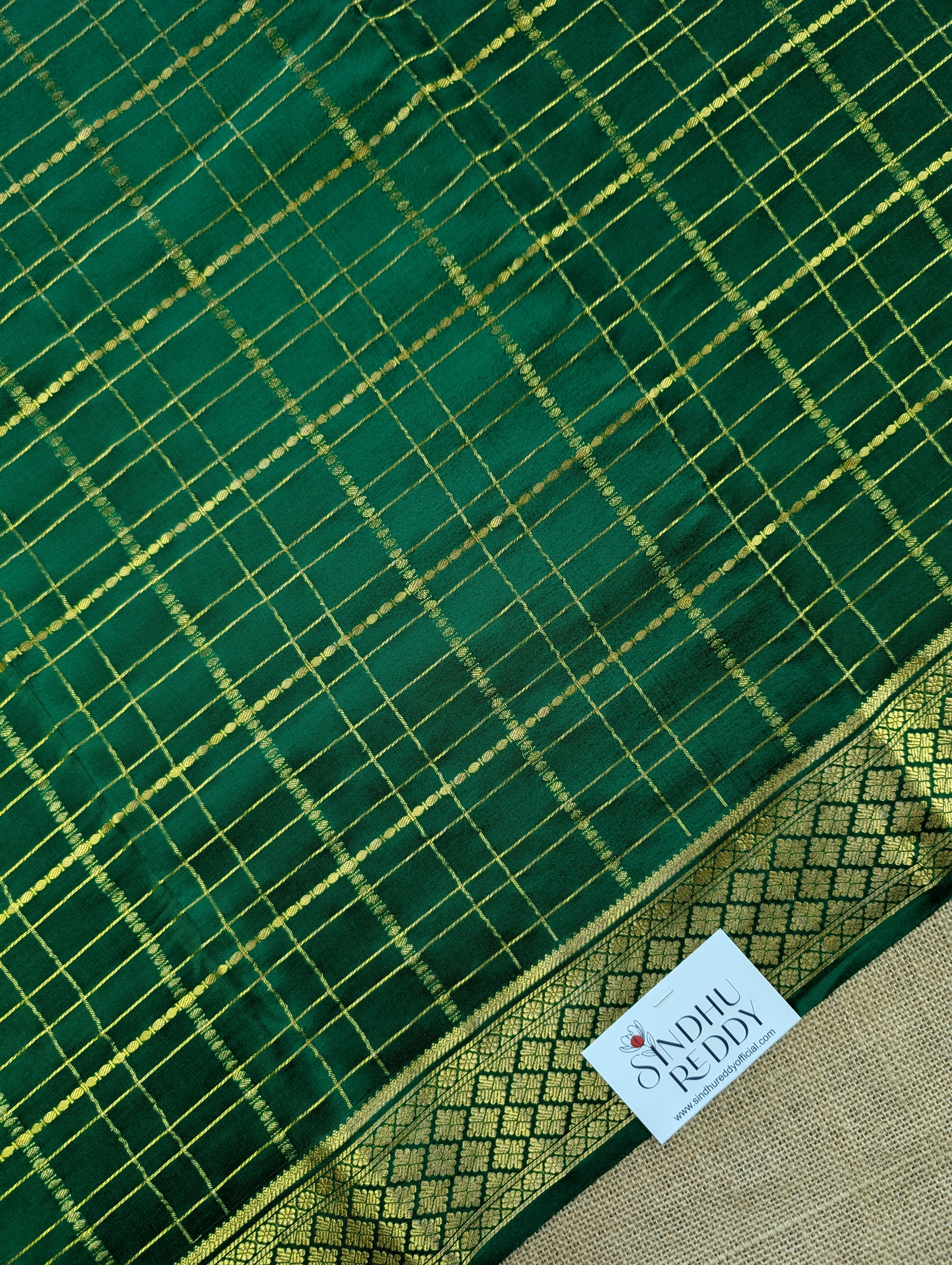 Pure Mysore Silk Crepe - Green with zari checks and border