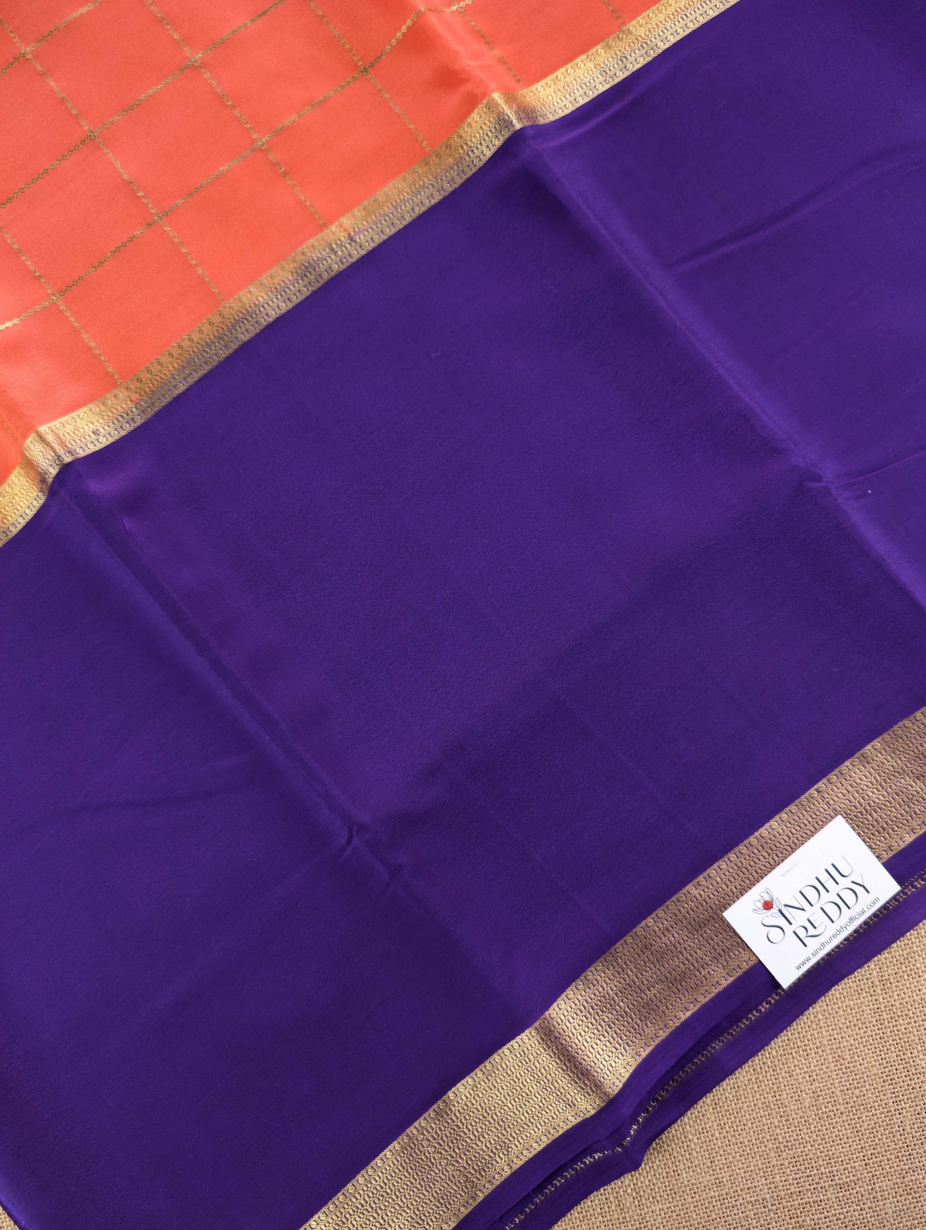 Pure Mysore Silk Crepe - Orange with Purple