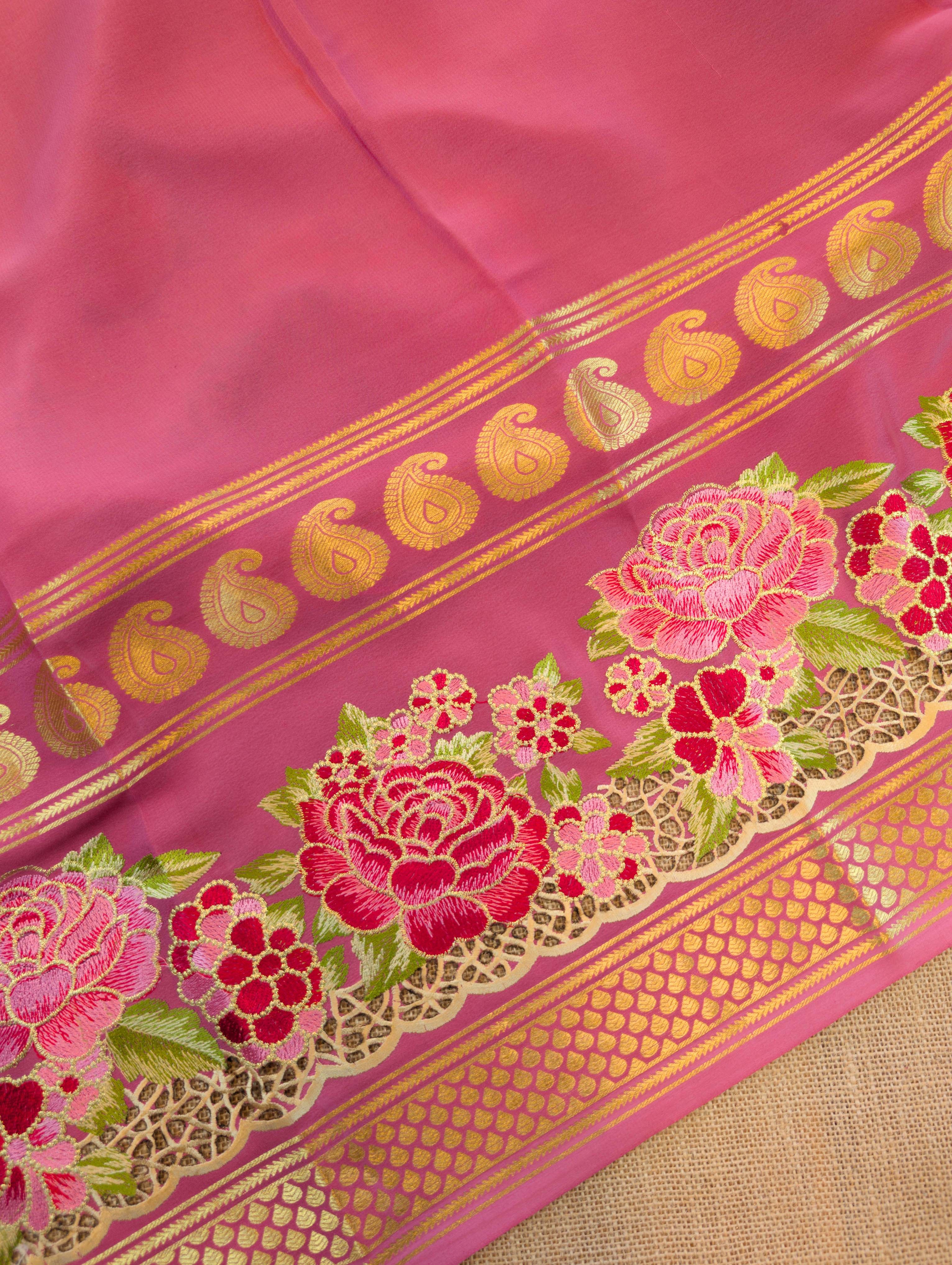 Pure Mysore Silk Crepe - Peach Floral Embroidery with Cut Work