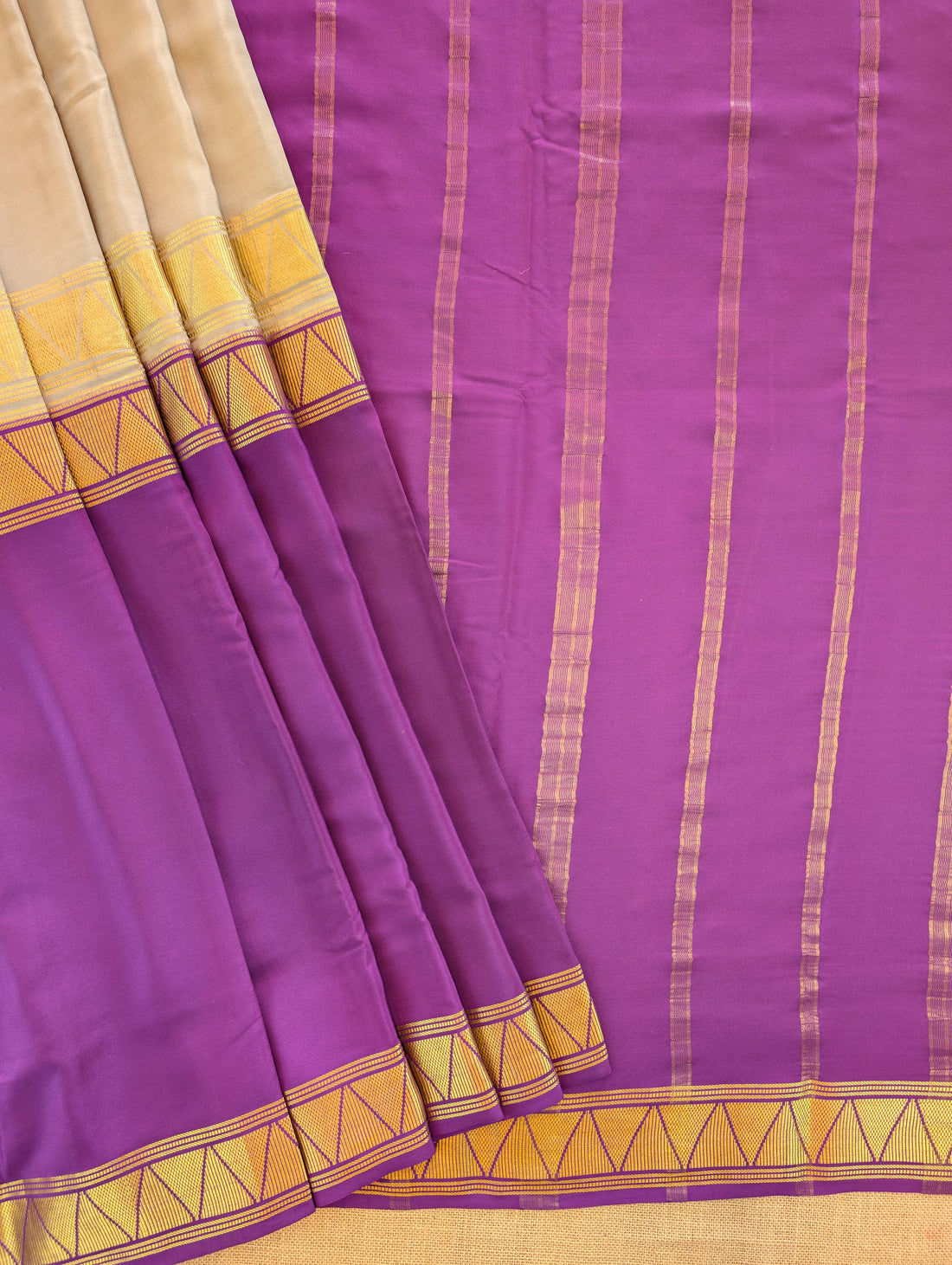 Pure Mysore Silk Crepe - Grey with Purple Half &amp; Half Pattern