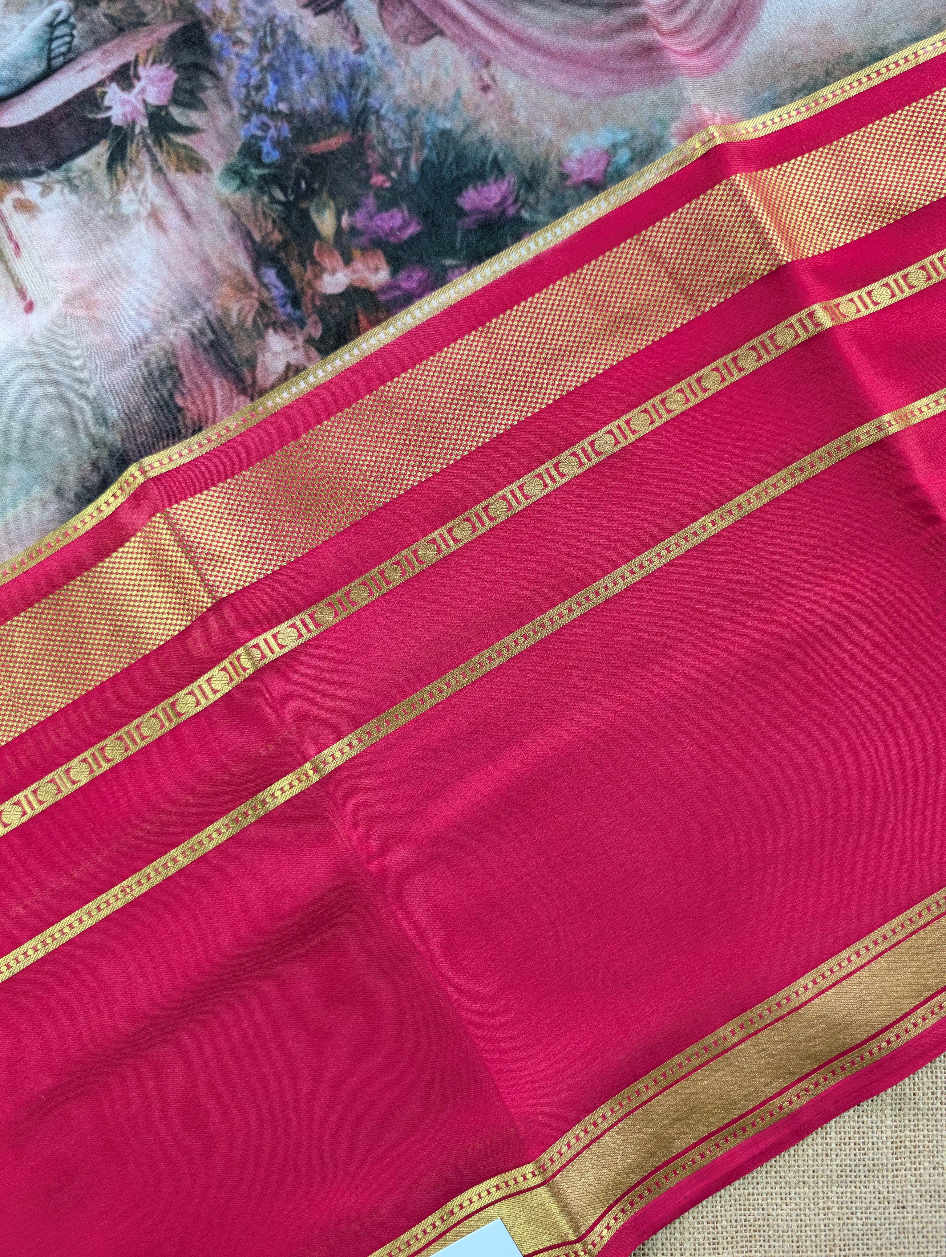 Pure Mysore Silk Crepe -  Bright Maroon with Printed Base