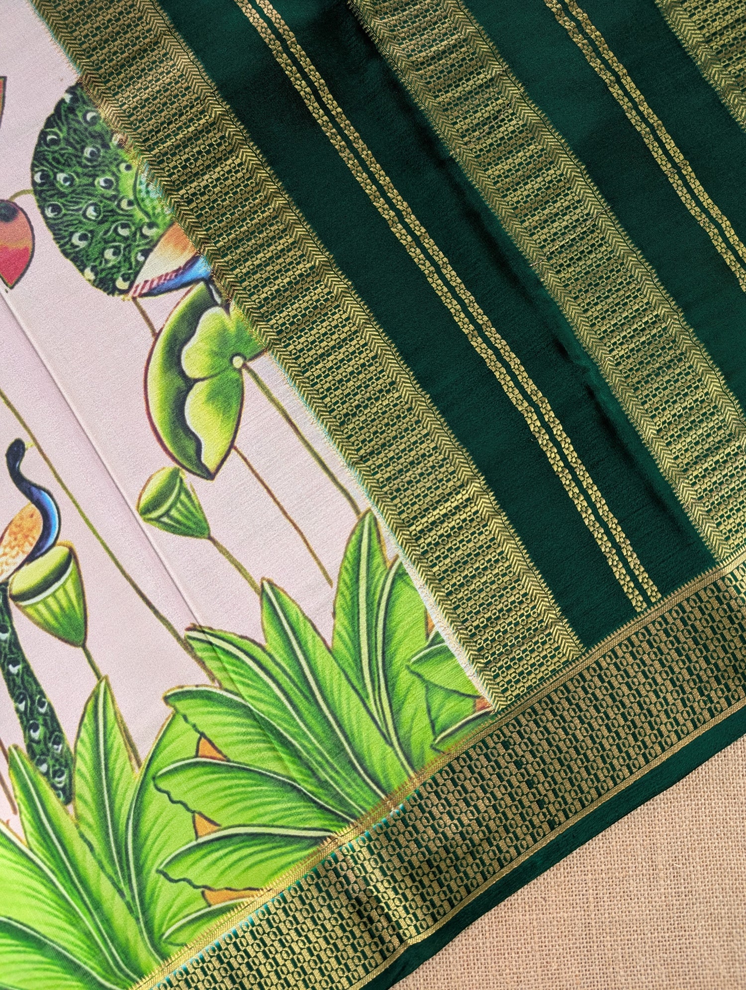 Pure Mysore Silk Crepe -  Green with Light Pink Half &amp; Half Printed Border