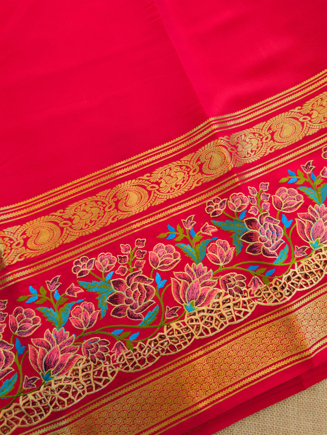 Pure Mysore Silk Crepe - Red Floral Embroidery with Cut Work