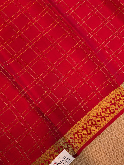 Pure Mysore Silk Crepe - Red with zari checks and border