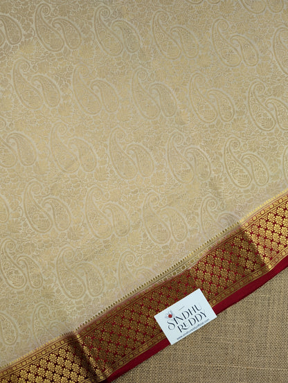 Pure Mysore Silk Crepe Brocade - Cream &amp; Red