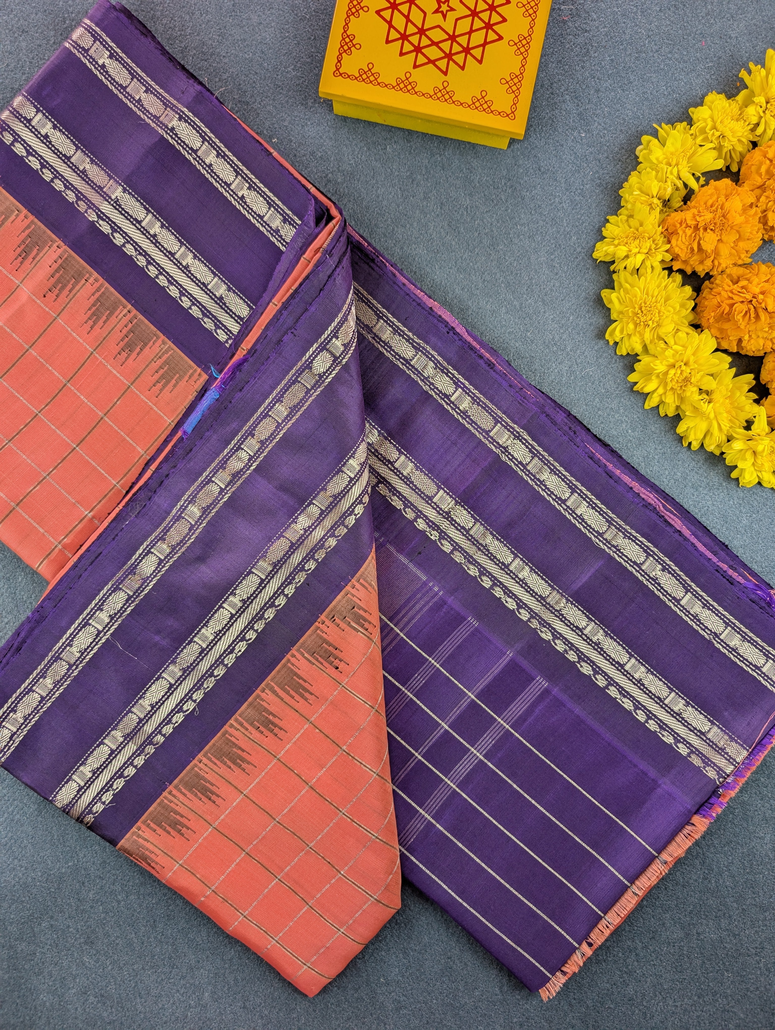 Pure Handloom Gadwal - Soft Peach with Purple