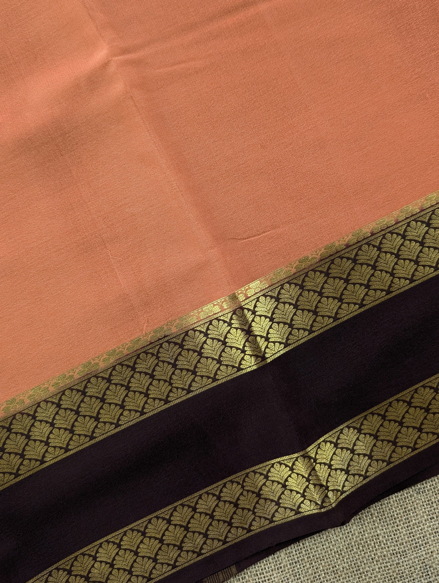 Pure Mysore Silk Crepe - Peach with Coffee Brown