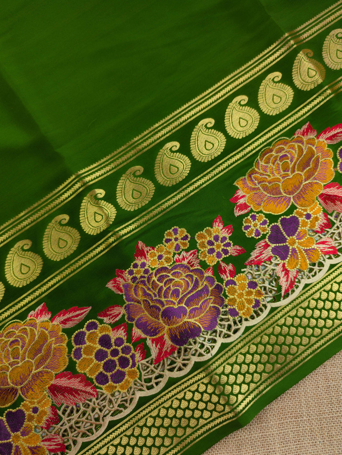 Pure Mysore Silk Crepe - Green Floral Embroidery with Cut Work