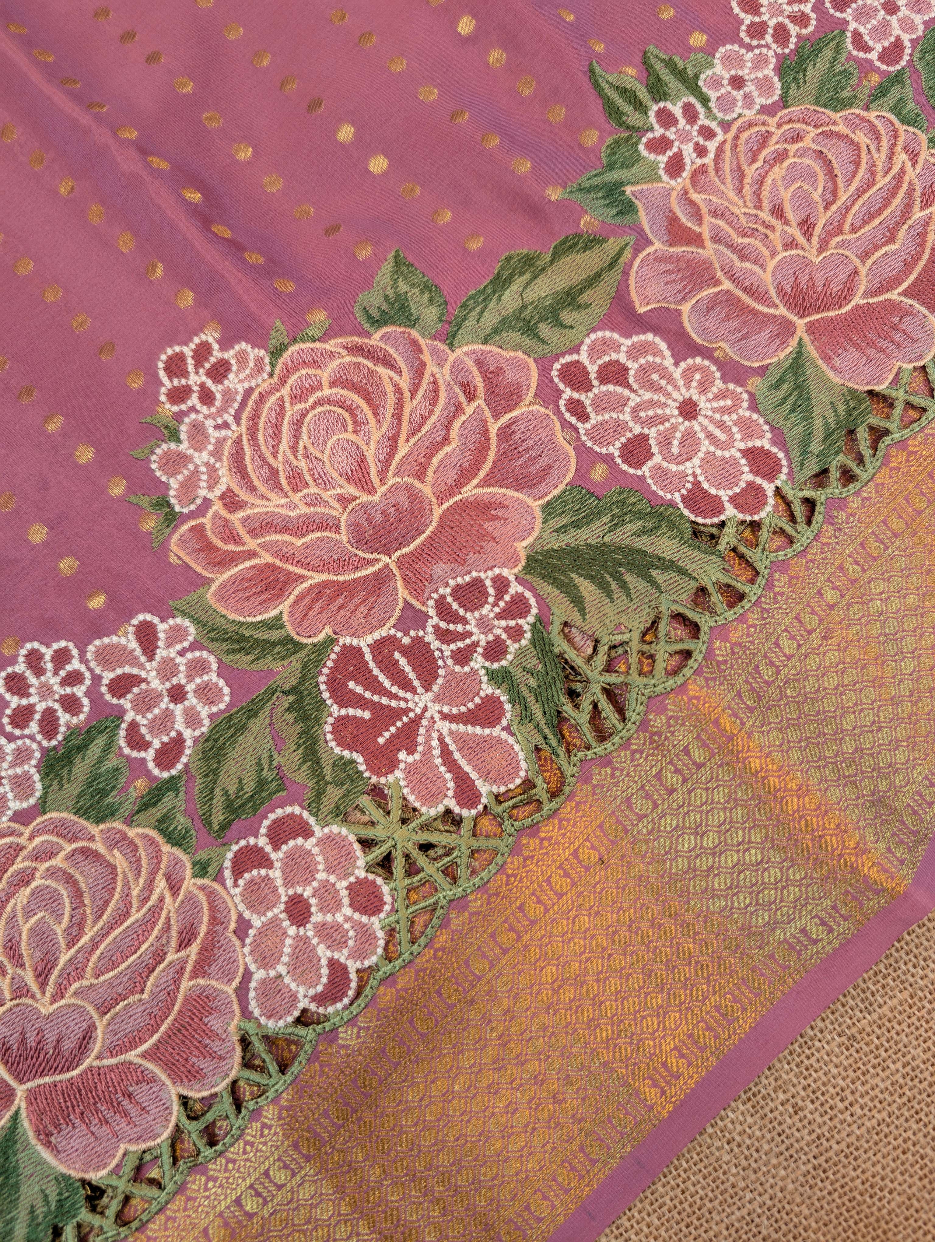 Pure Mysore Silk Crepe - Peach Hand Embroidery with Cut Work