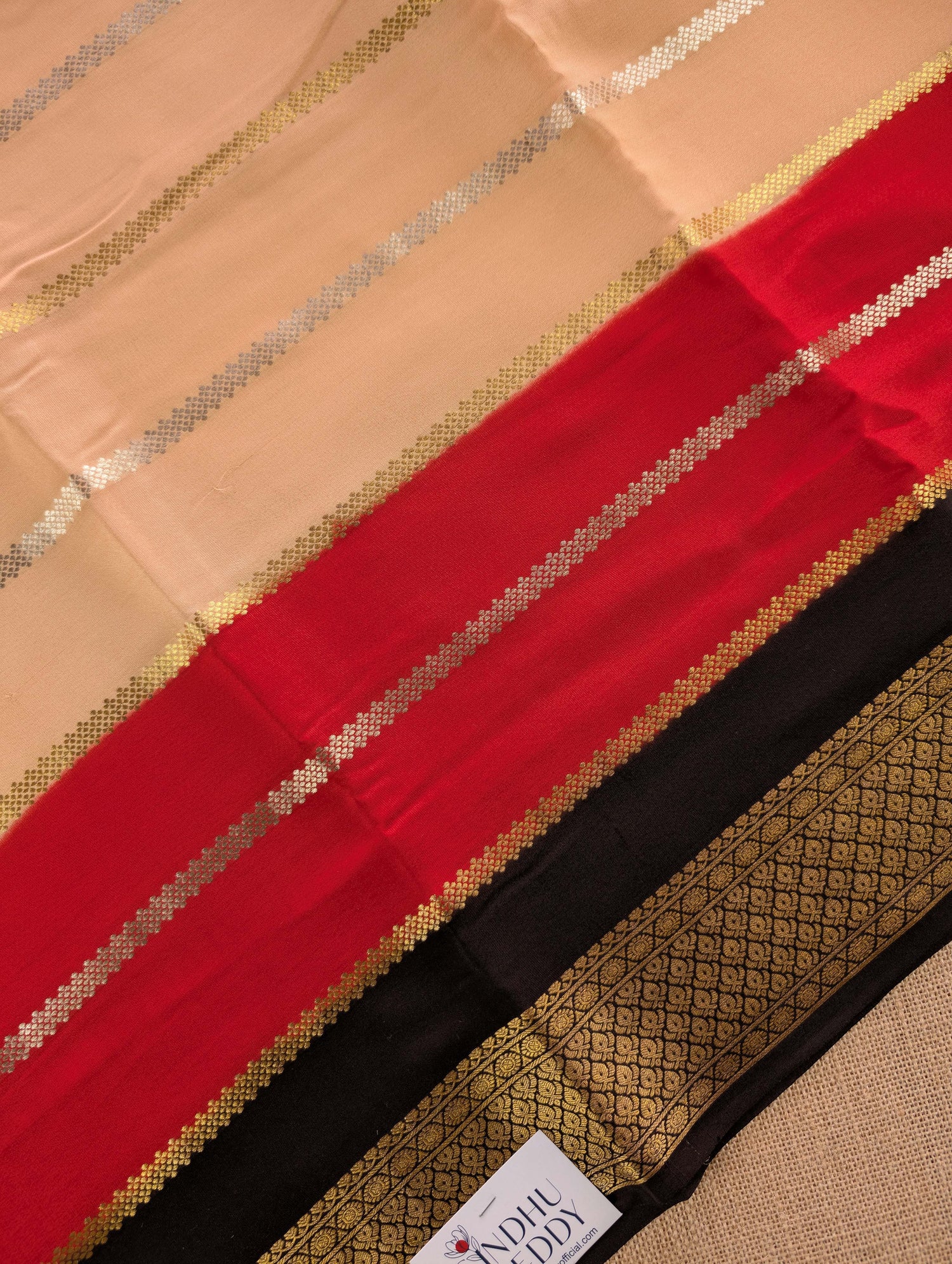 Pure Mysore Silk Crepe - Light Brown with Red &amp; Black 3D Pattern