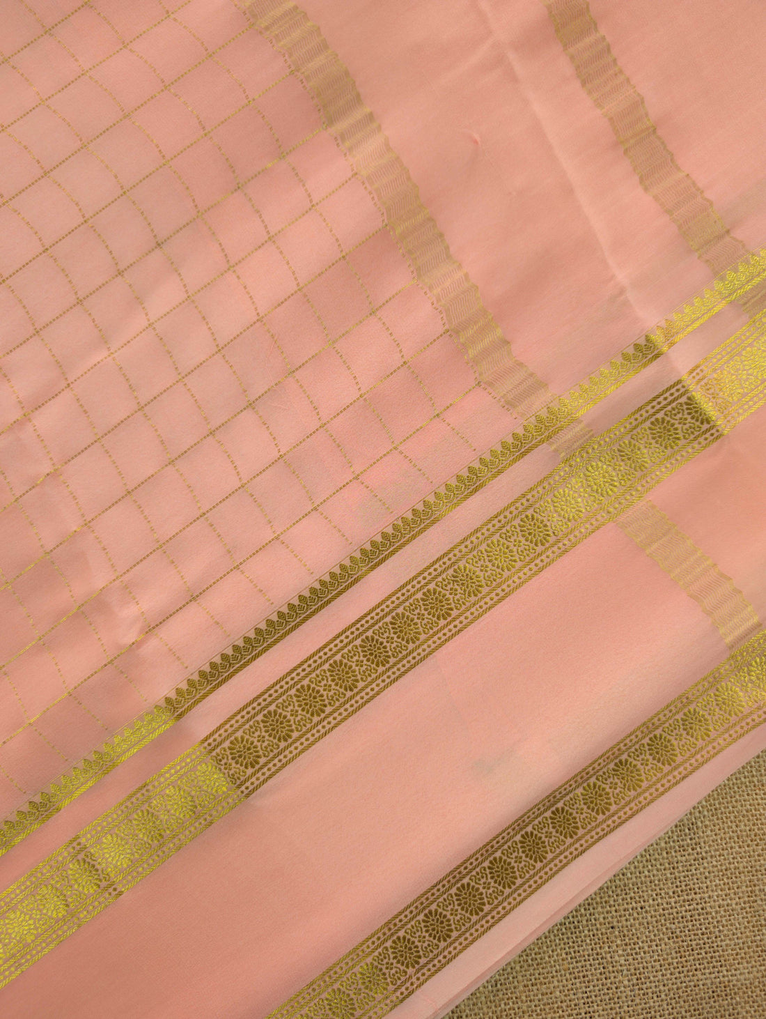 Pure Mysore Silk Crepe - Peach with zari checks and gap border