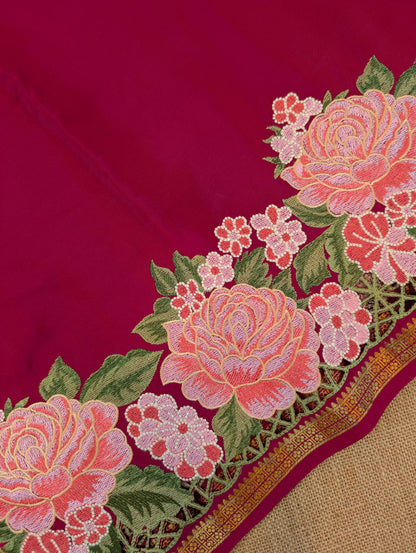 Pure Mysore Silk Crepe - Dark Pink Floral Embroidery with Cut Work