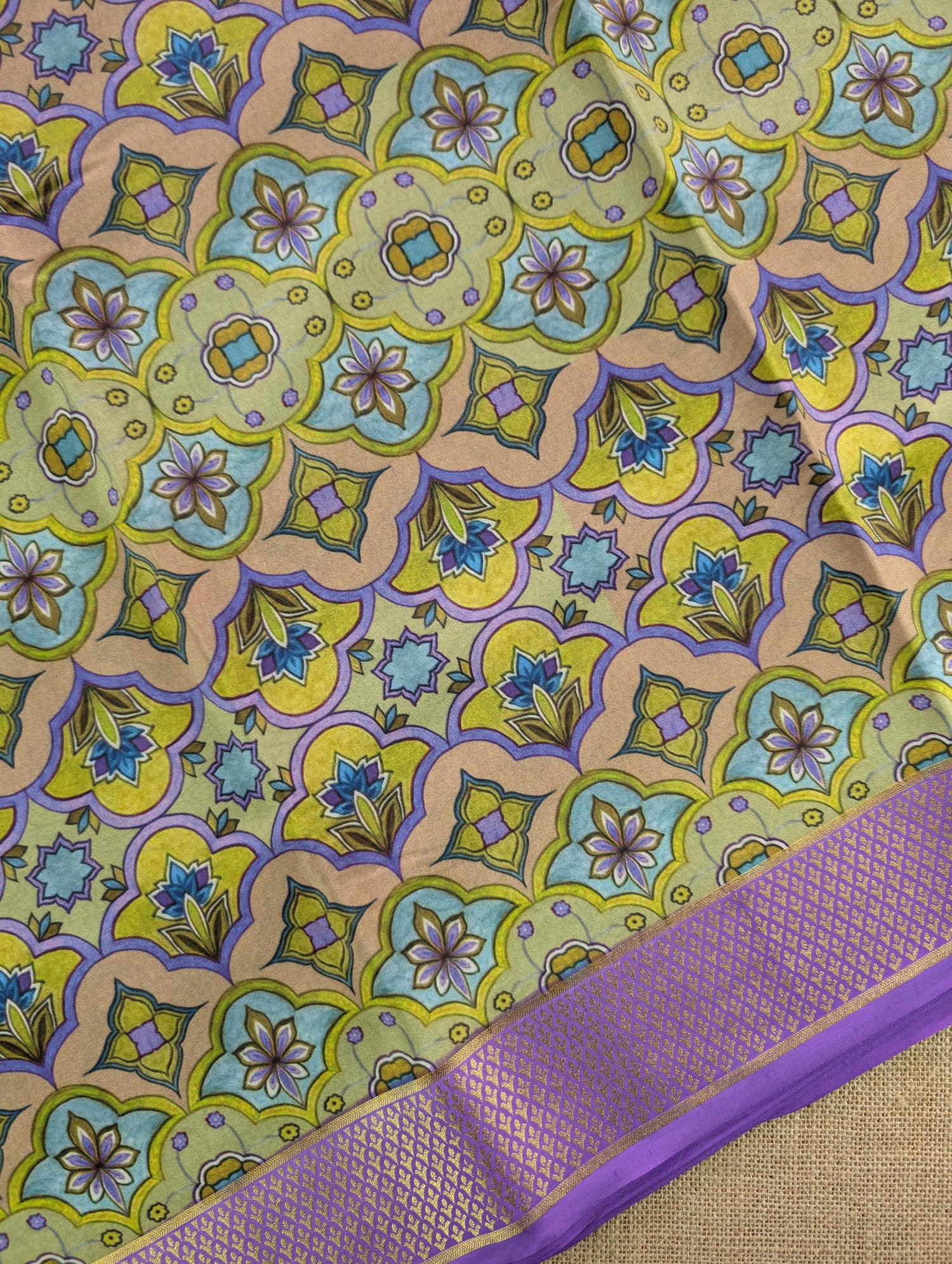 Pure Mysore Silk Crepe -  Lavender with Half &amp; Half Printed Border