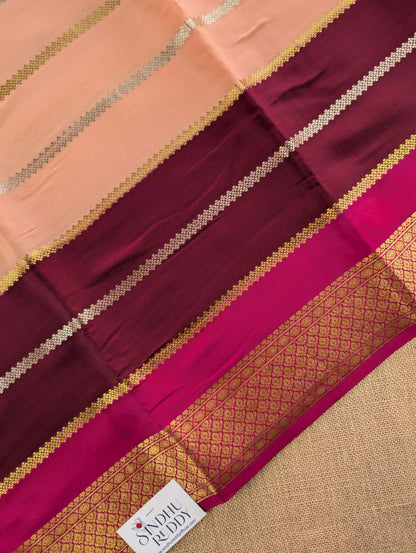 Pure Mysore Silk Crepe - Peach with Wine &amp; Pink 3D Pattern