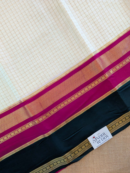 Pure Mysore Silk Crepe - White with Pink &amp; Green 3D Pattern