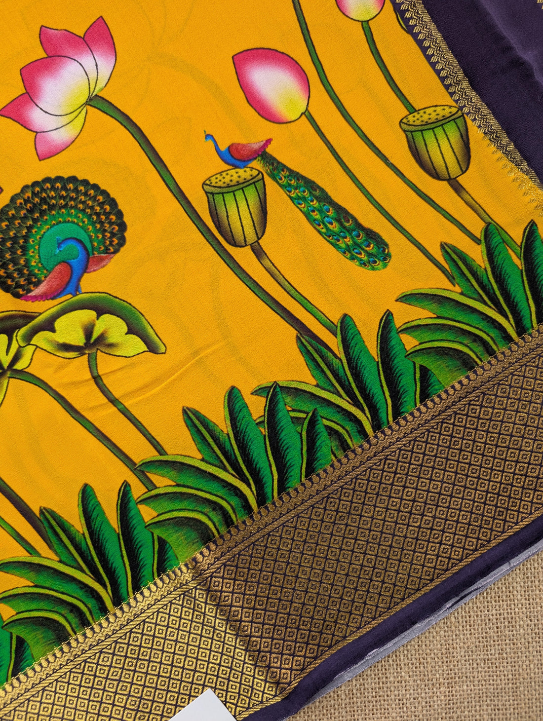 Pure Mysore Silk Crepe -  Purple with Yellow Printed Border