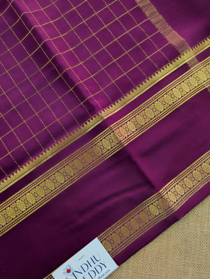 Pure Mysore Silk Crepe - Wine with zari checks and gap border