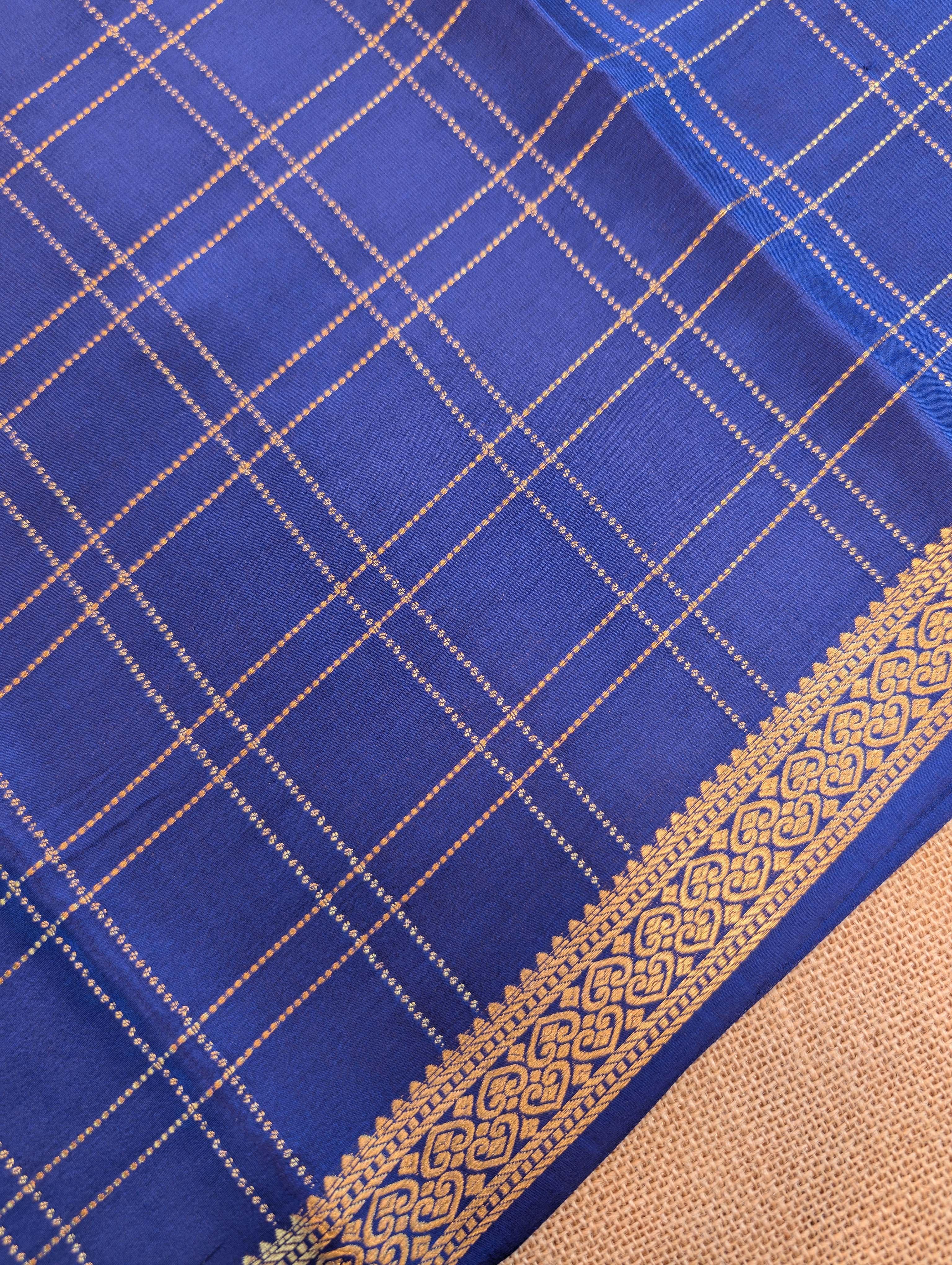 Pure Mysore Silk Crepe - Royal Blue with Zari checks and border