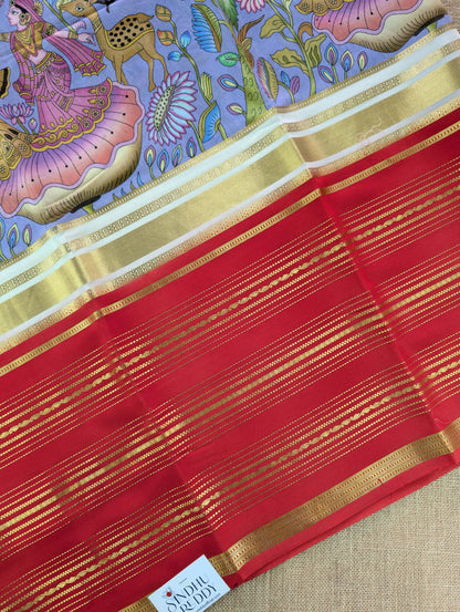 Pure Mysore Silk Crepe -  Red with Lavender Printed Base