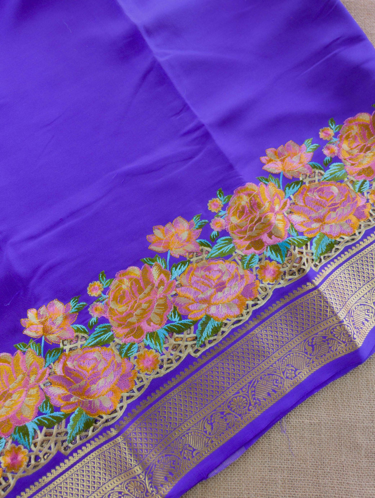 Pure Mysore Silk Crepe - Purple Floral Embroidery with Cut Work