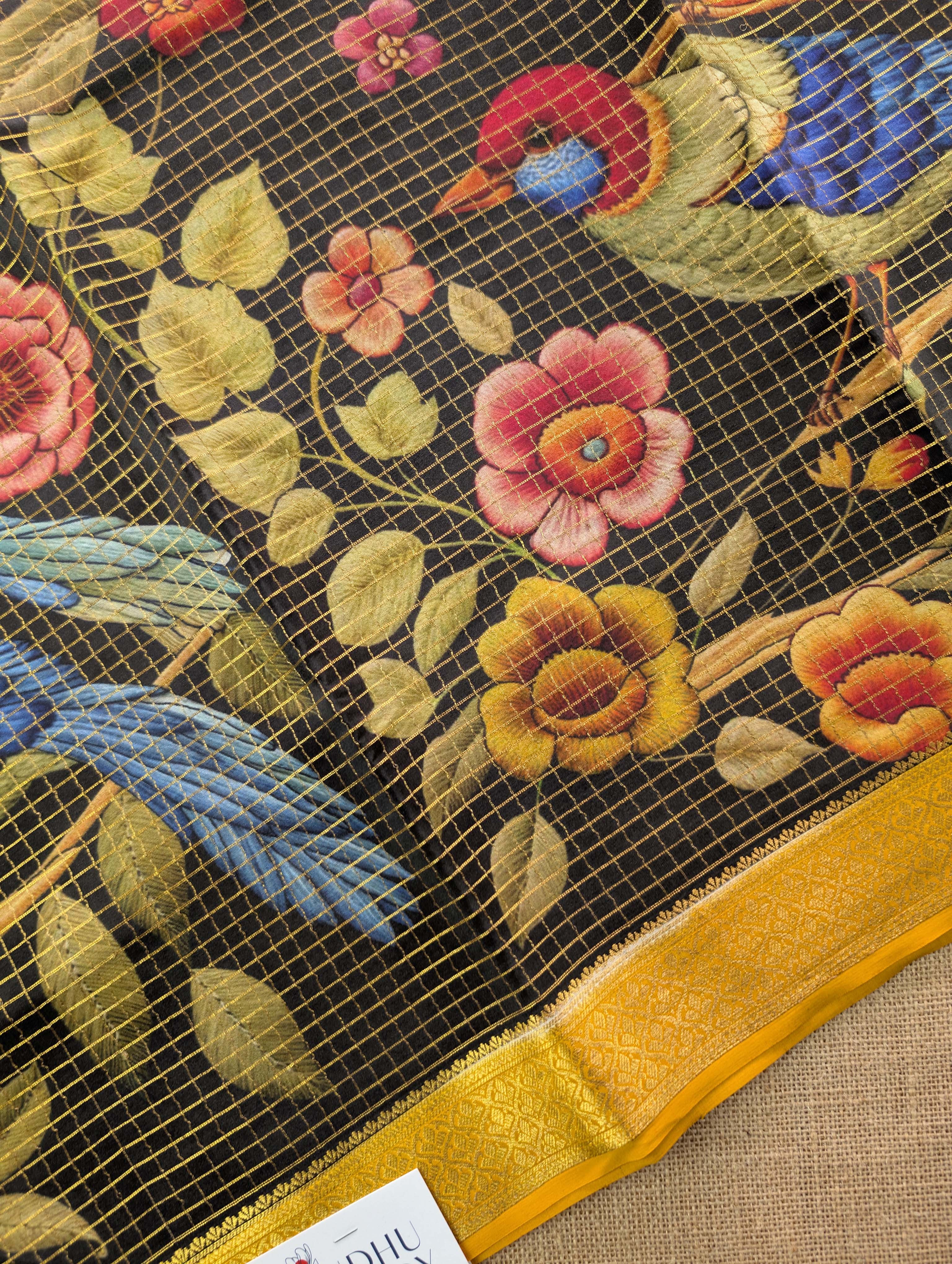 Pure Mysore Silk Crepe - Charcoal Grey and Mustard Yellow with Printed Pallu &amp; Border