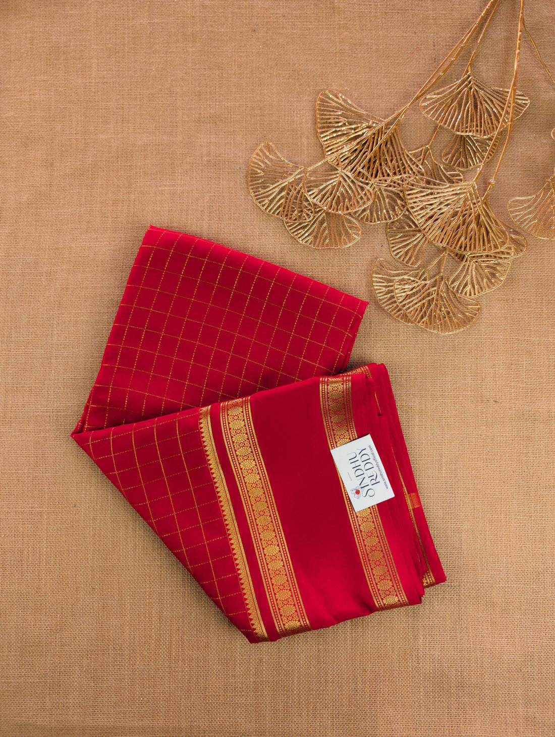 Pure Mysore Silk Crepe - Red with zari checks and gap border