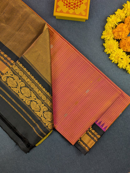 Pure Handloom Gadwal - Dual tone Peach and Orange with Black Border